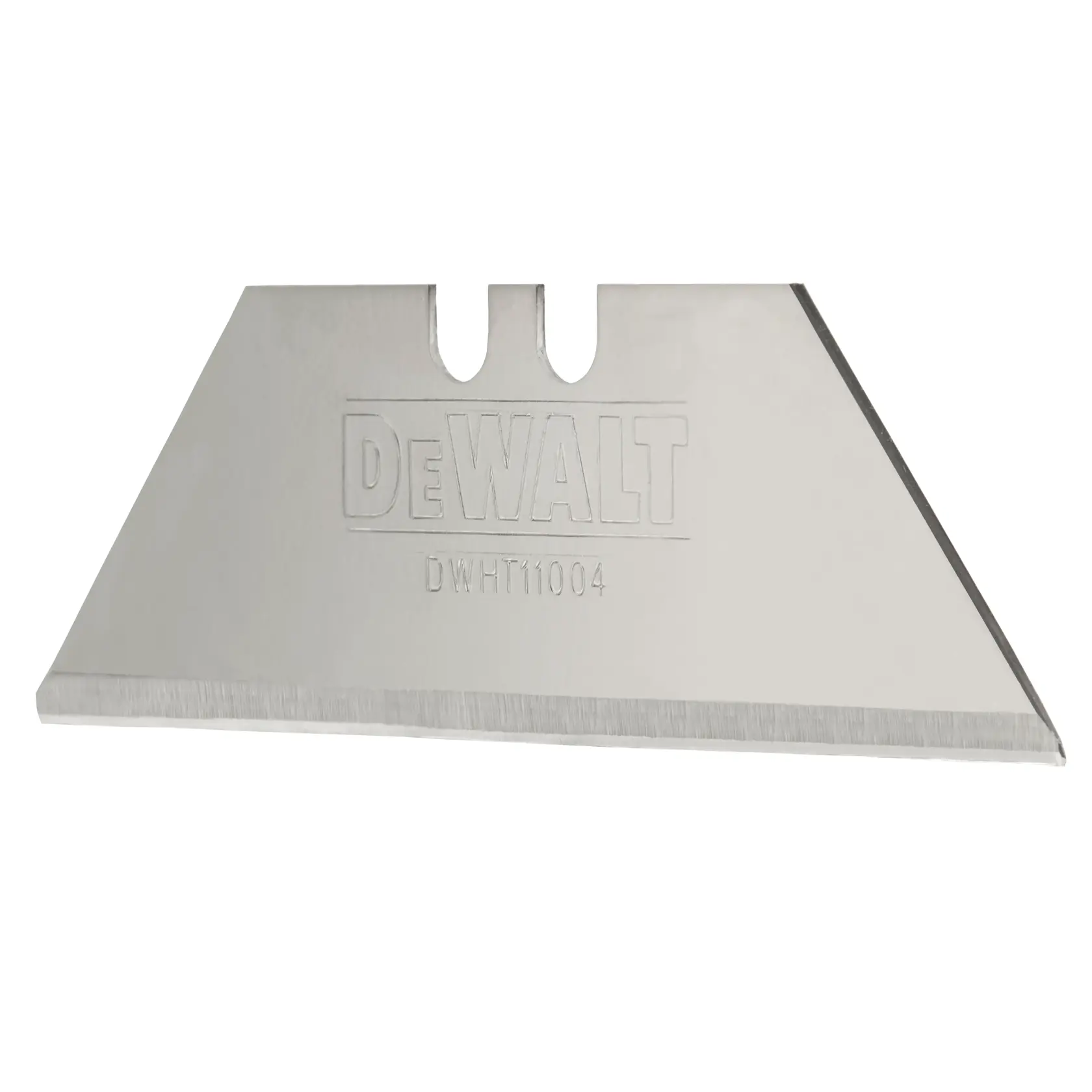 Single DEWALT utility knife blade with sharp edge and DWHT11004 model number engraved.