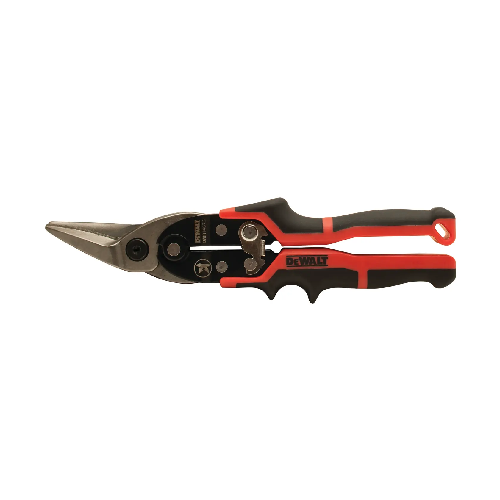 DEWALT straight tin snips with black and red handles, designed for cutting sheet metal.