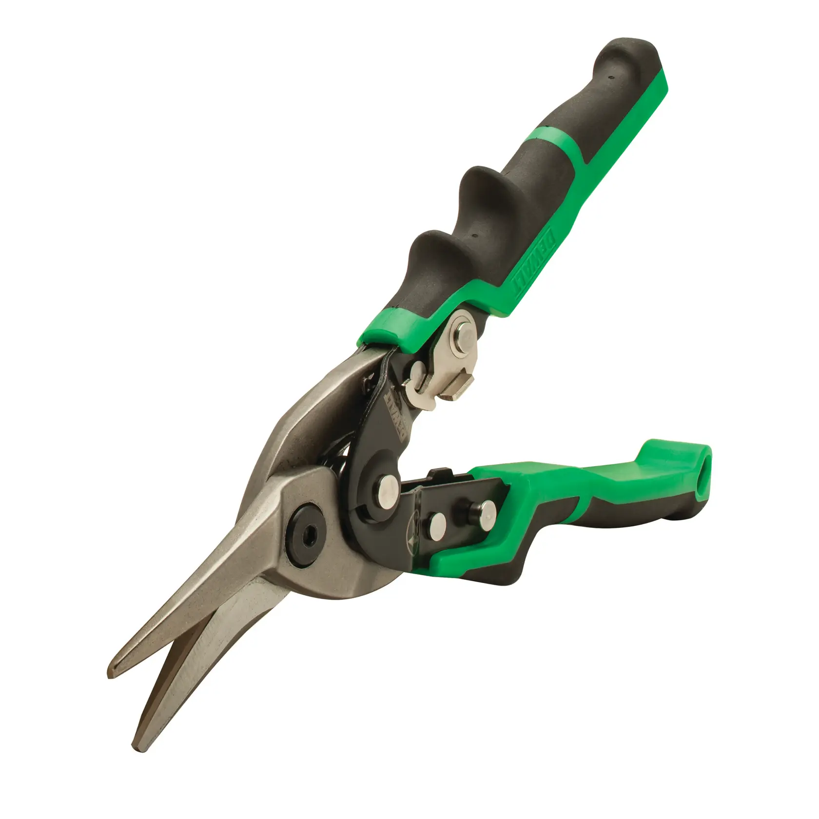 A pair of green and black DEWALT straight-cut aviation snips with ergonomic handle.