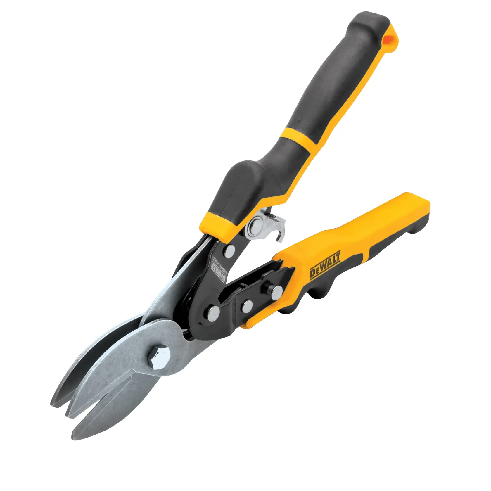 DEWALT metal snips with black and yellow ergonomic handle, shown against a white background.