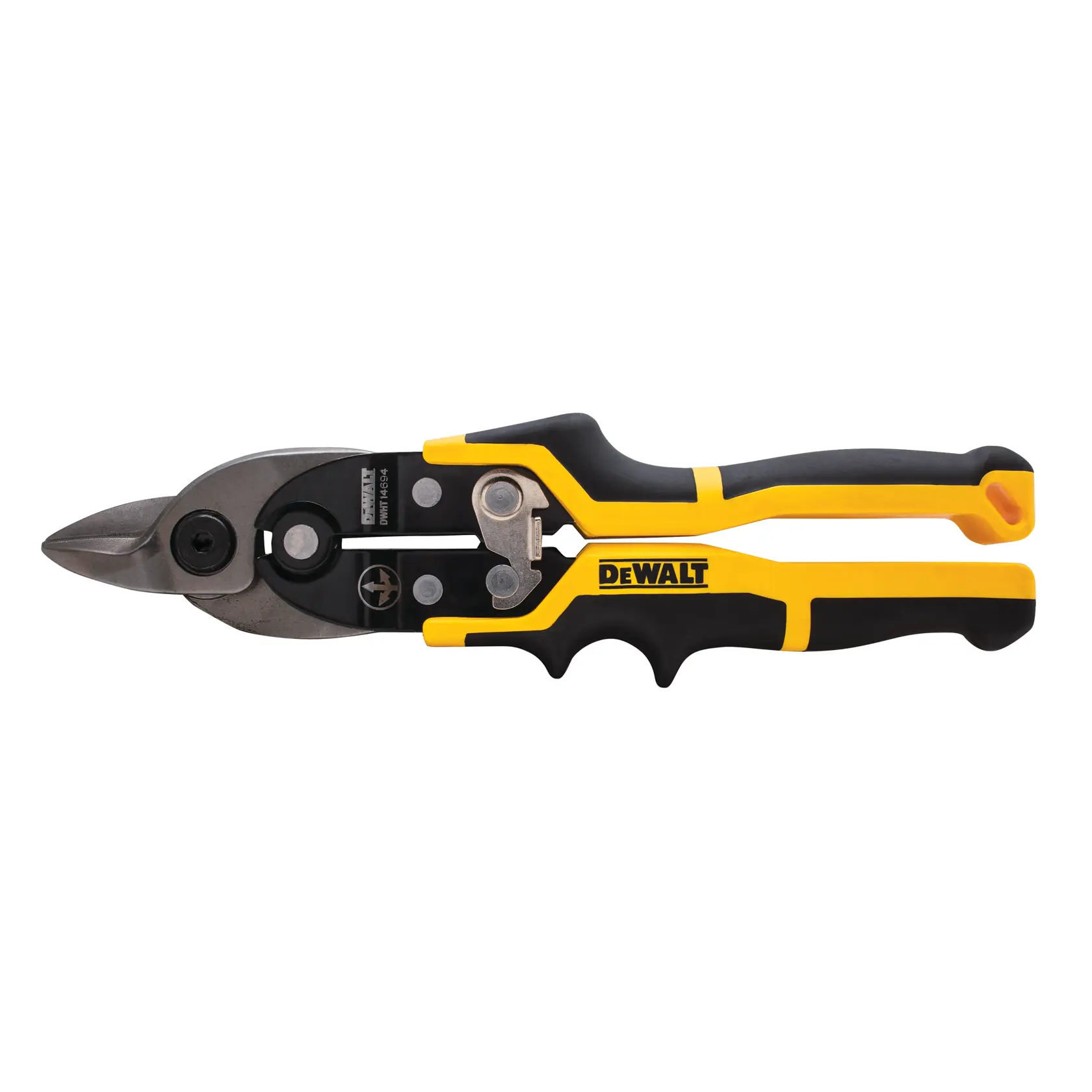 DEWALT yellow and black aviation snip tool with ergonomic handle, designed for cutting metal sheets.