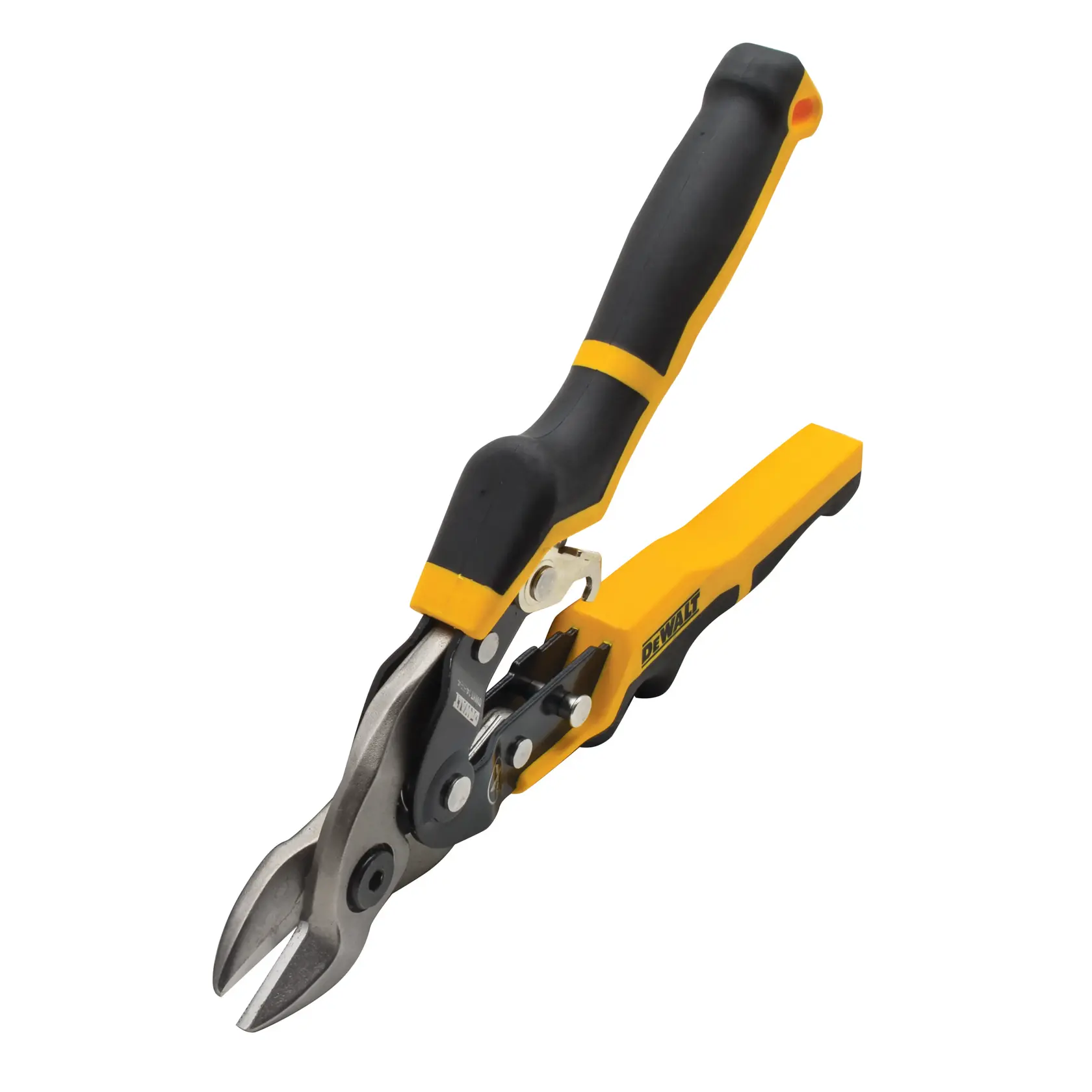 DEWALT yellow and black aviation snips with ergonomic handle for cutting sheet metal.