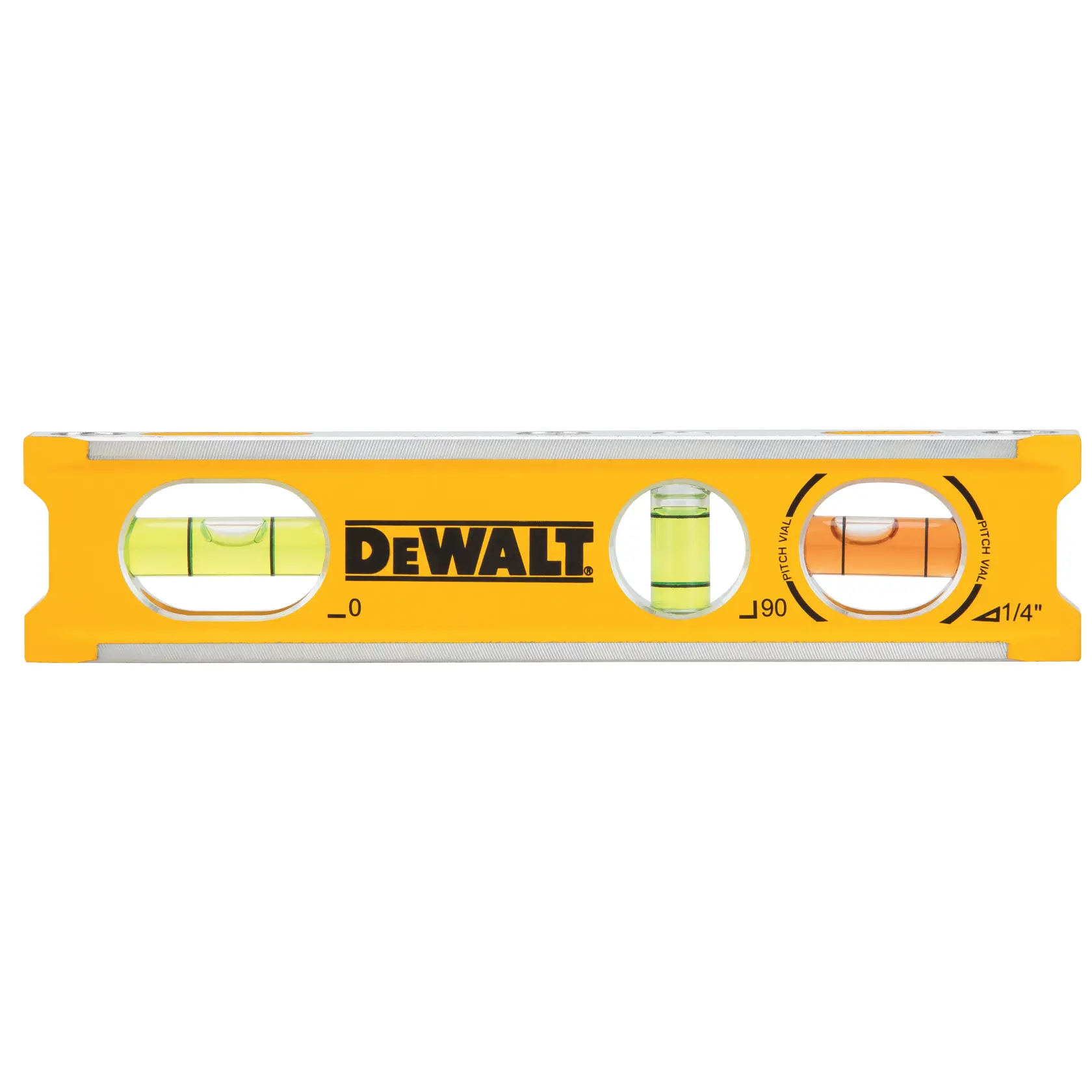 Yellow DEWALT spirit level with three vials for level, plumb, and pitch, shown from front view.
