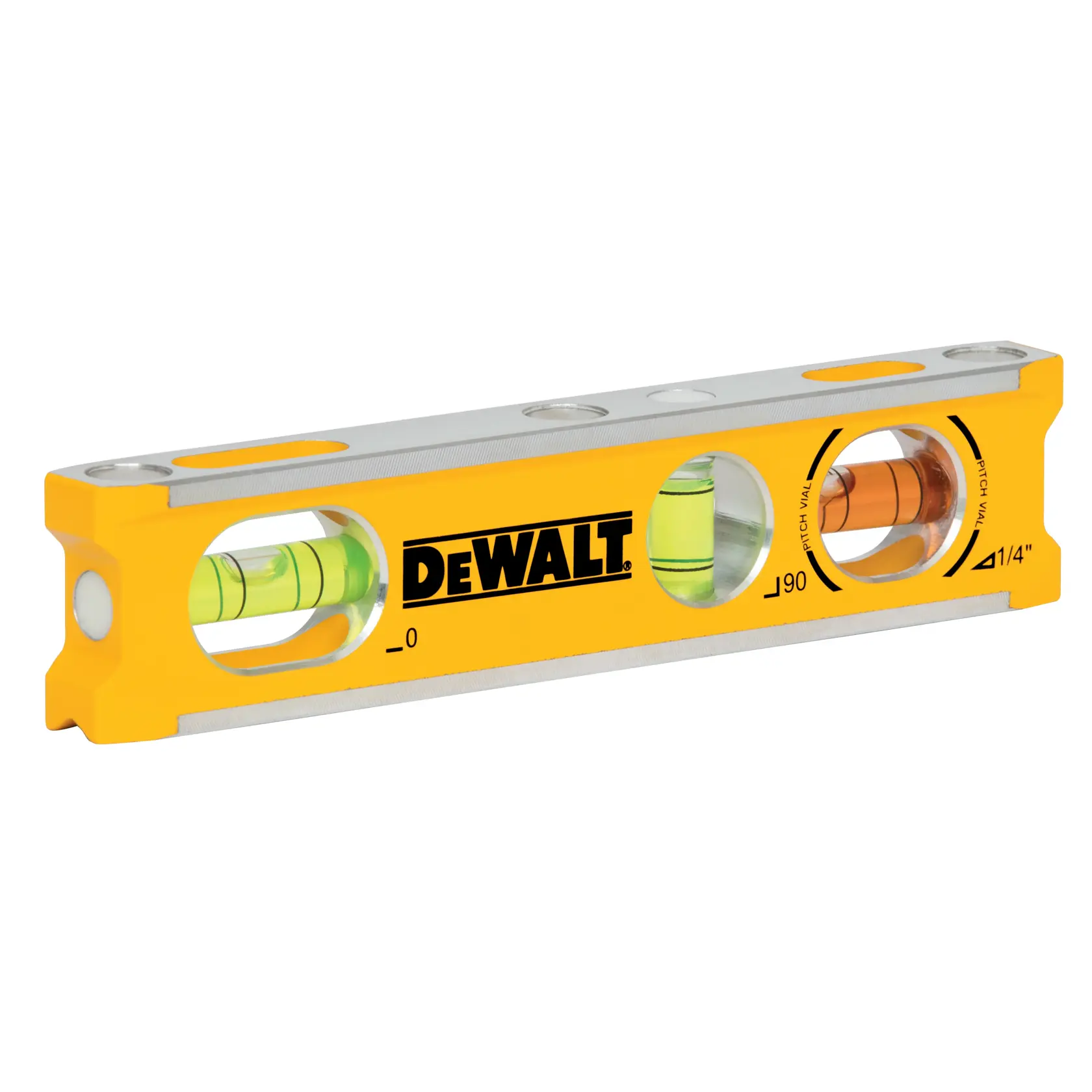 Yellow DEWALT spirit level tool with three bubble vials for measuring angles and alignment.