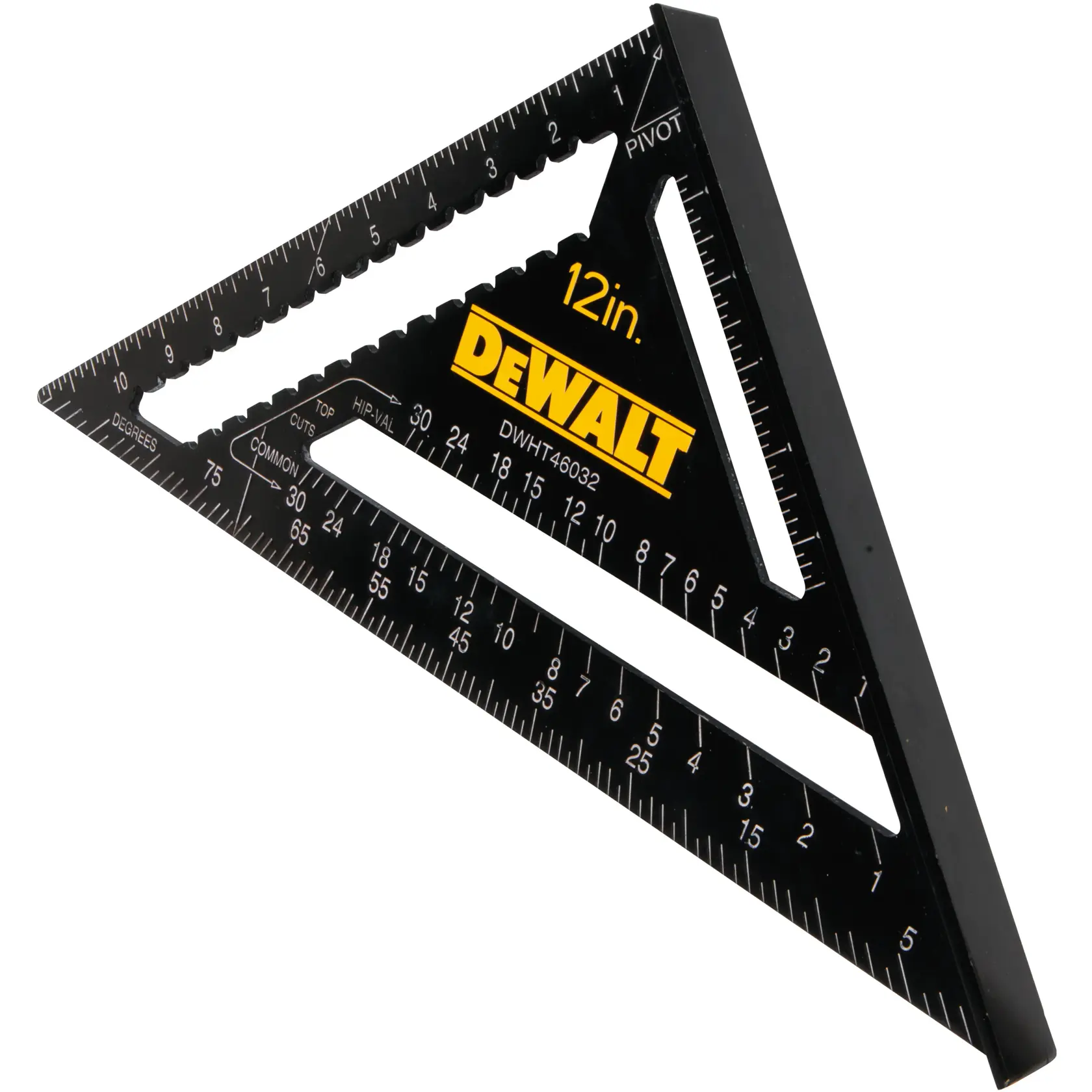 DEWALT 12 inch triangle carpenter's square DWHT46032-0, black, with measurement markings and yellow logo.