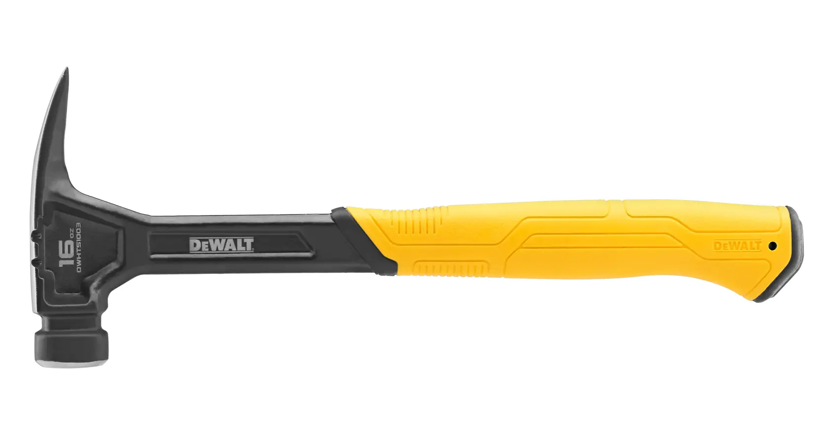Un martello artiglio DEWALT con manico giallo e nero e testa da 16 oz, mostrato su sfondo bianco.