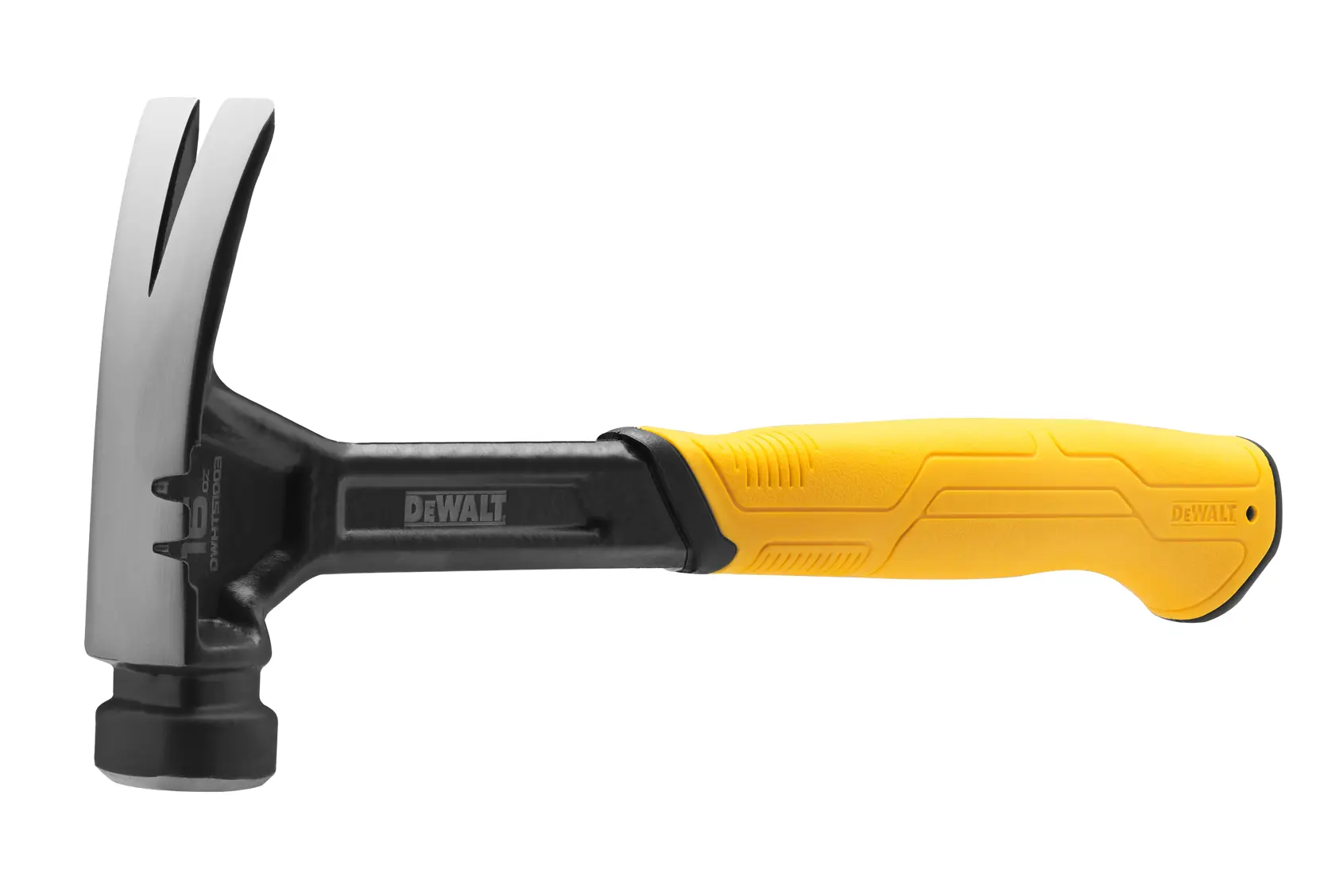 Un martello a artiglio DEWALT con manico ergonomico giallo e testa in metallo, progettato per inserire e rimuovere chiodi.