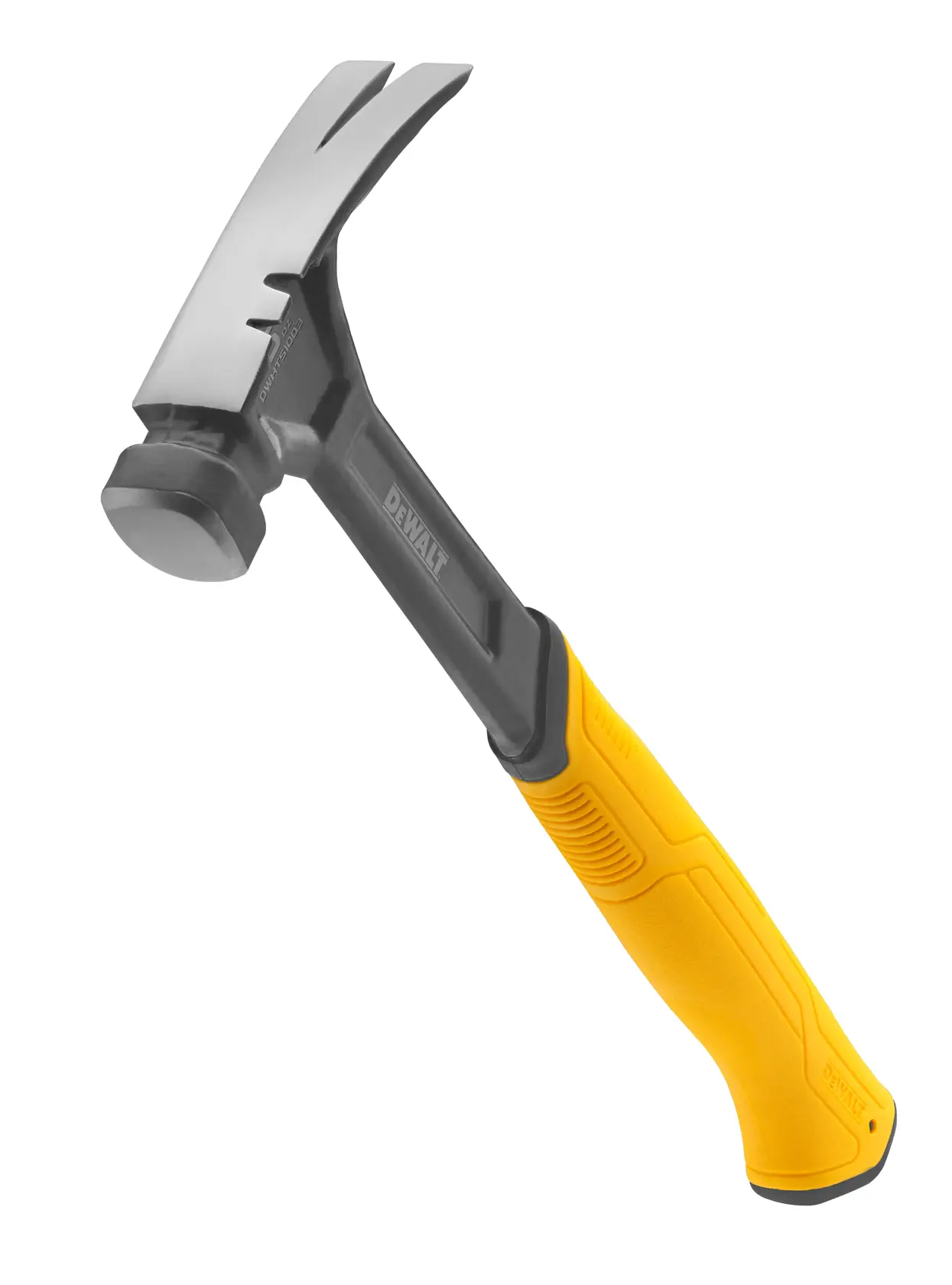 Un martello DEWALT con manico giallo e nero, dotato di testa a artiglio per rimuovere i chiodi.