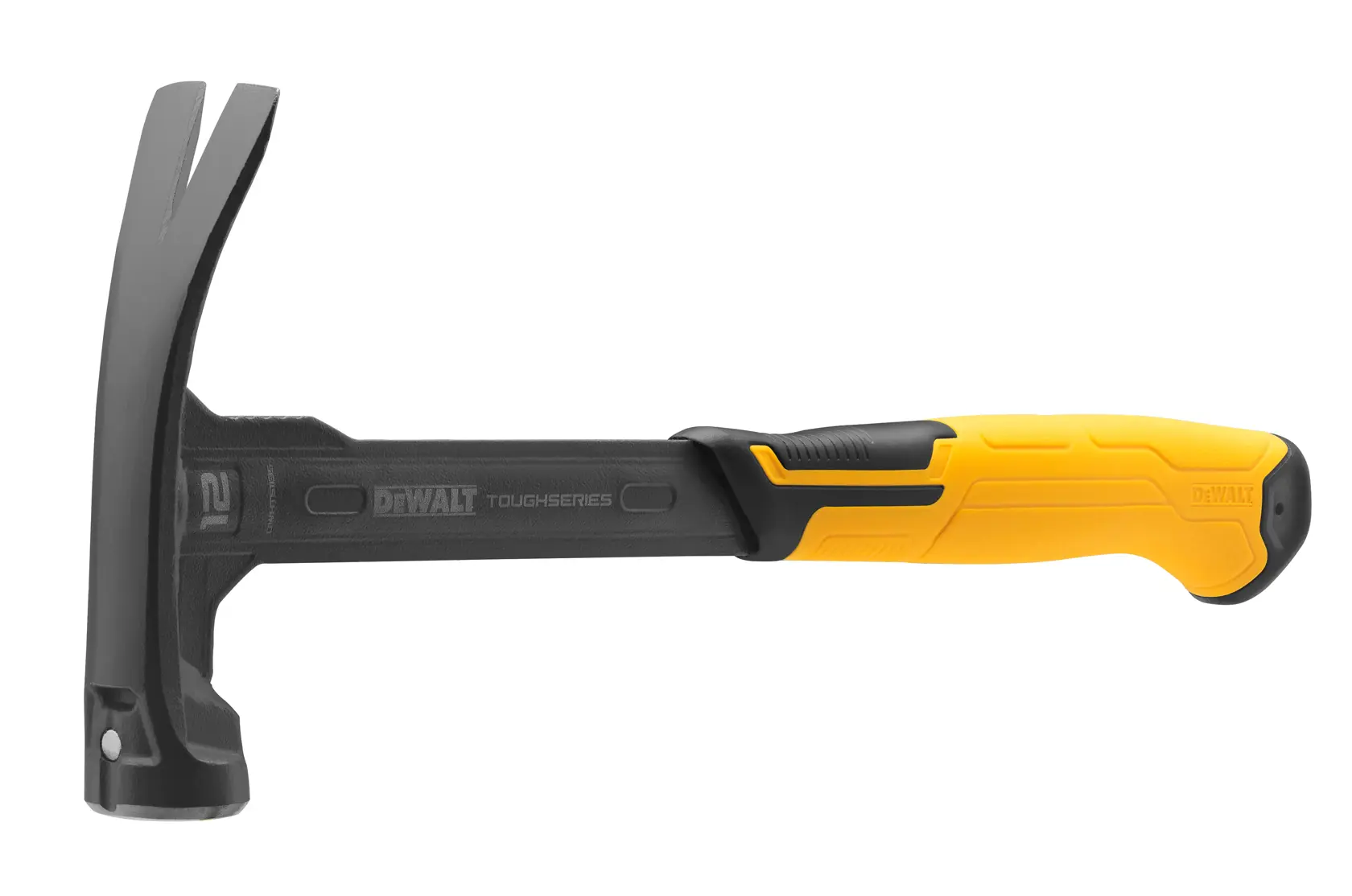 Un martello DEWALT ToughSeries con testa in metallo nero e manico ergonomico giallo e nero, fotografato su sfondo bianco.