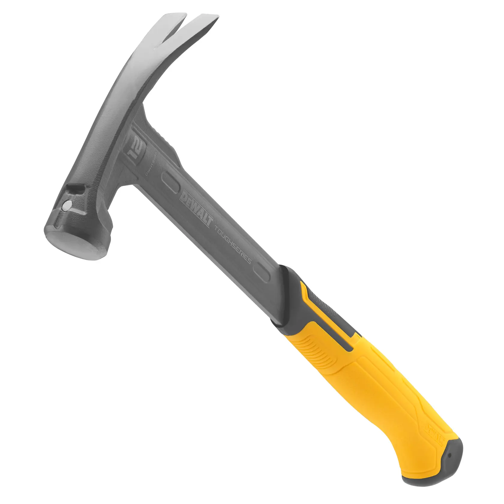 Un martello a artiglio DEWALT con testa in metallo grigio e manico ergonomico giallo e nero, mostrato su uno sfondo bianco.