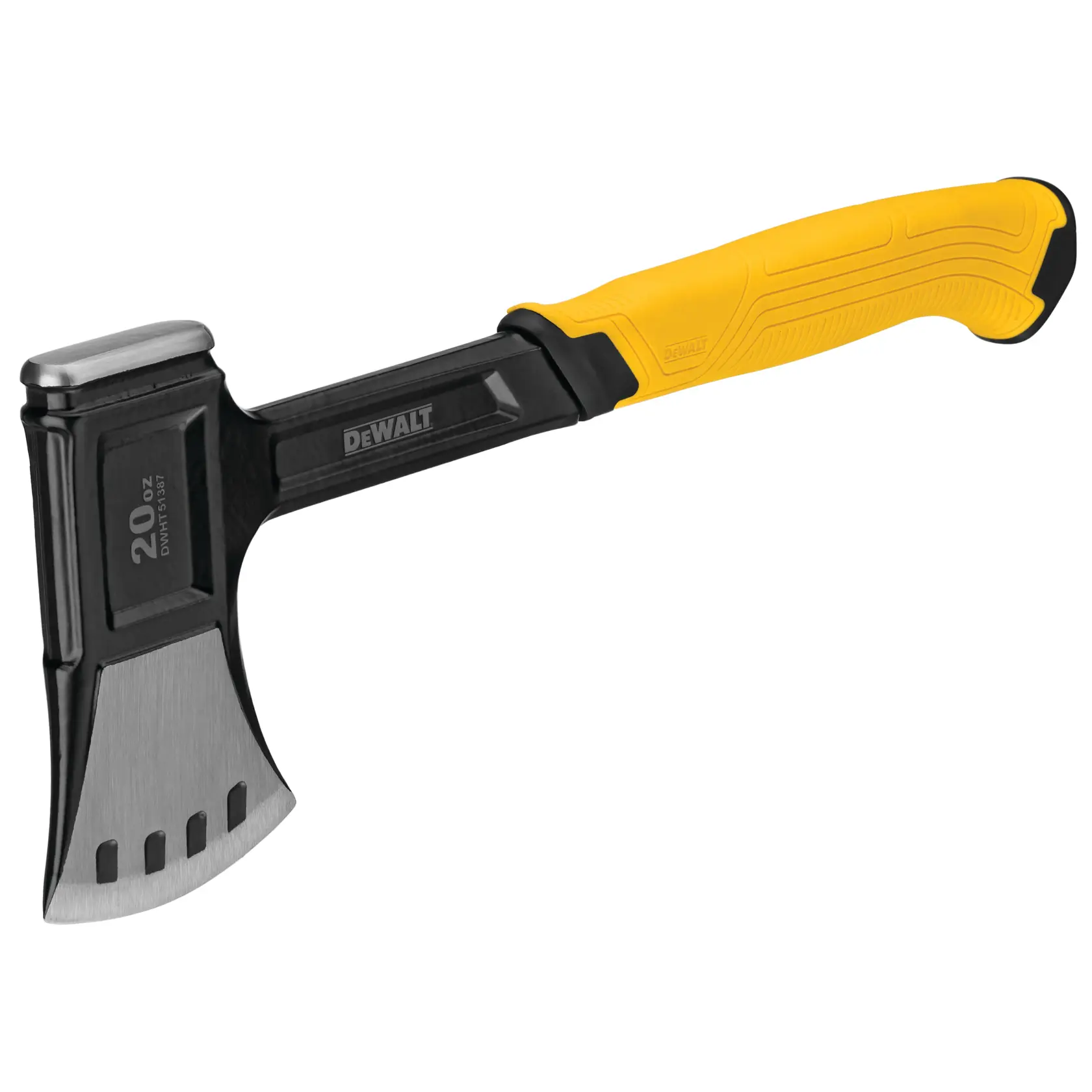 DEWALT hatchet with a yellow handle and metal blade, shown isolated on a white background.