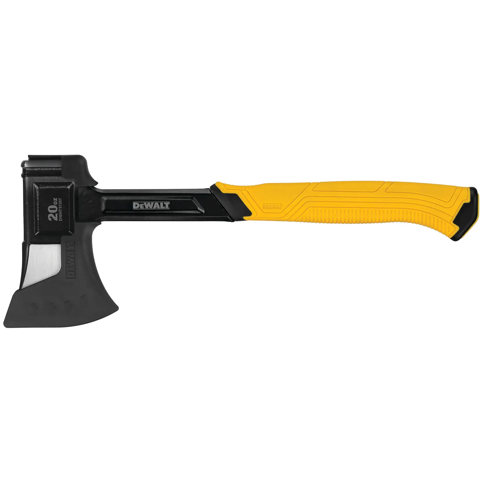DEWALT hatchet with a yellow ergonomic handle and black blade, shown on a white background.