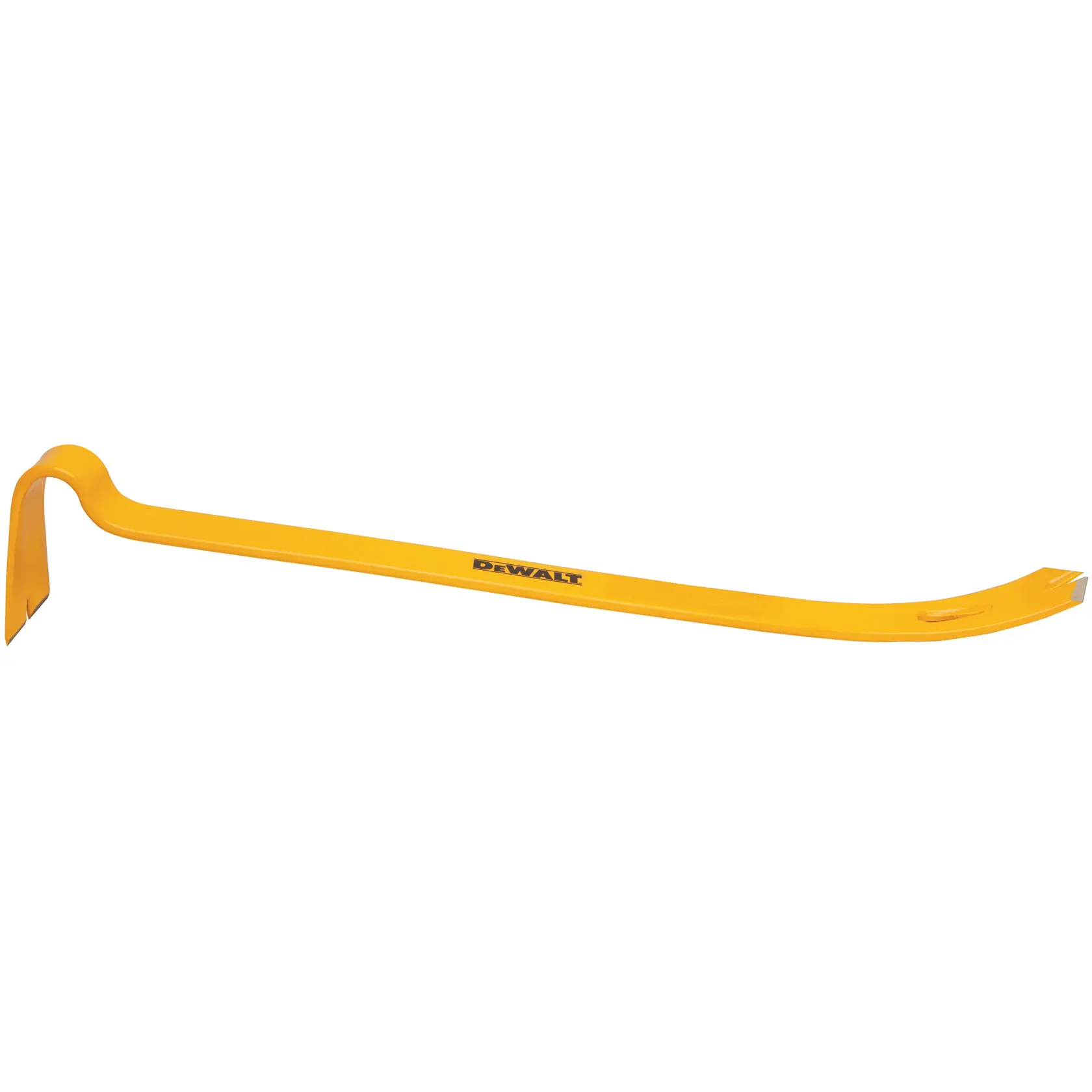 Yellow DEWALT pry bar with curved ends, designed for heavy-duty removal tasks, isolated on white background.