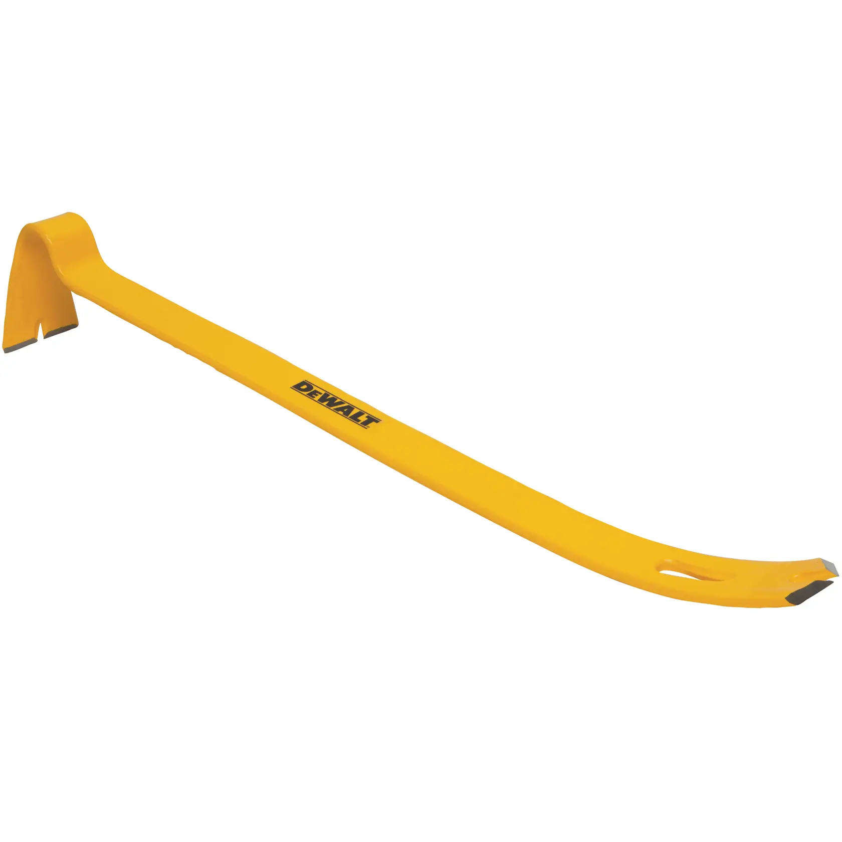 Yellow DEWALT pry bar tool with angled ends for demolition and nail removal, shown on white background.