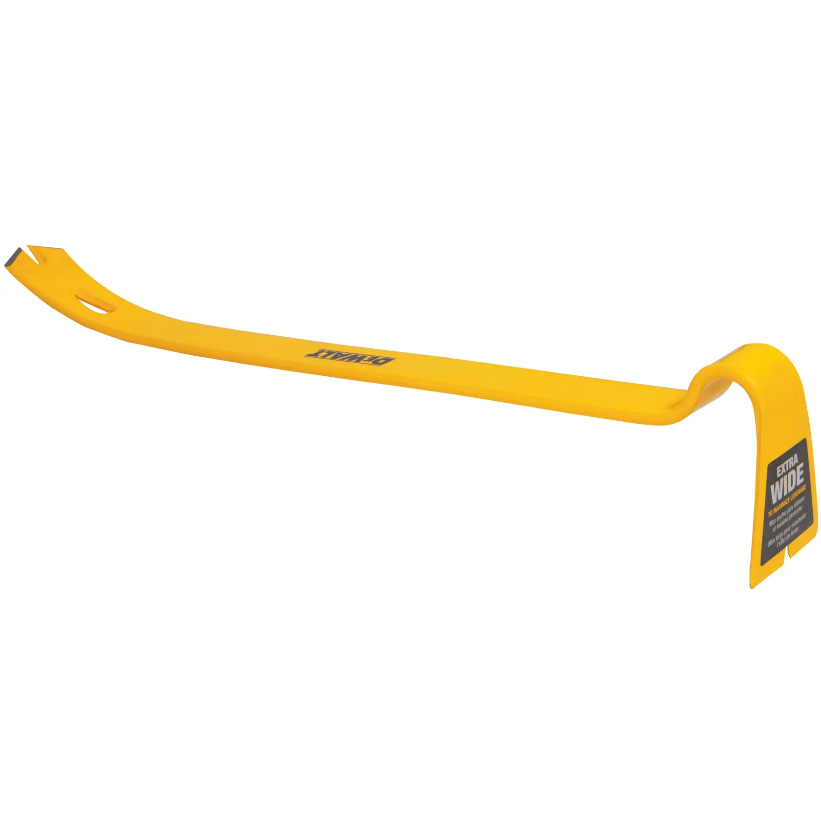 Yellow DEWALT pry bar with extra wide end, designed for heavy-duty demolition and removal tasks.