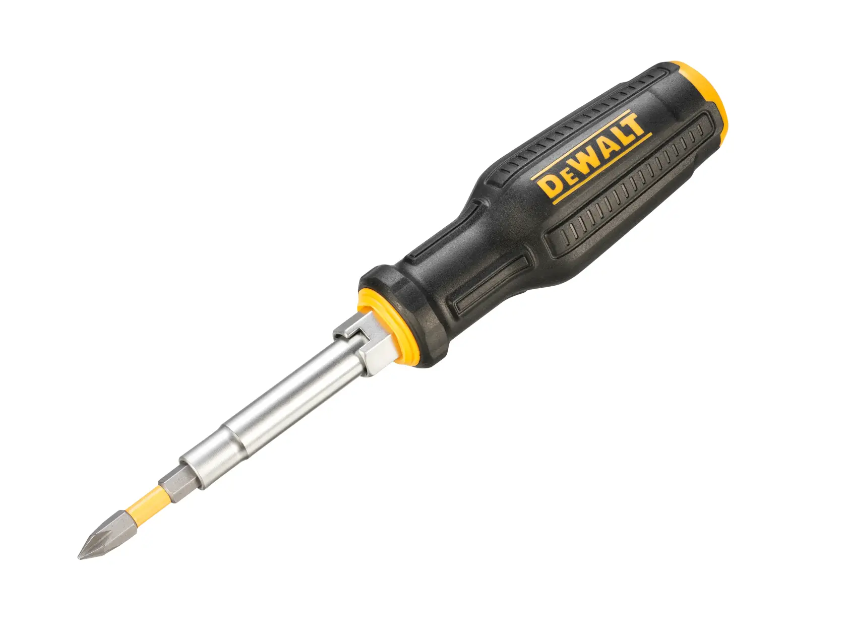 A DEWALT multi-bit screwdriver with a black and yellow handle and interchangeable screwdriver bit.