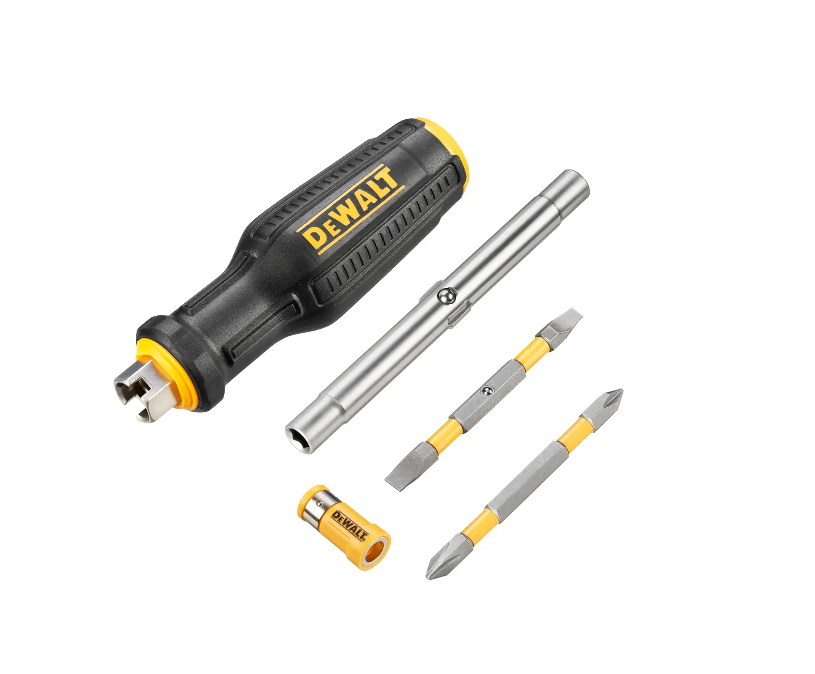 DEWALT multi-bit screwdriver set displayed on a white background, showing a black and yellow handle, interchangeable shaft, two double-ended screwdriver bits, and a yellow bit holder.