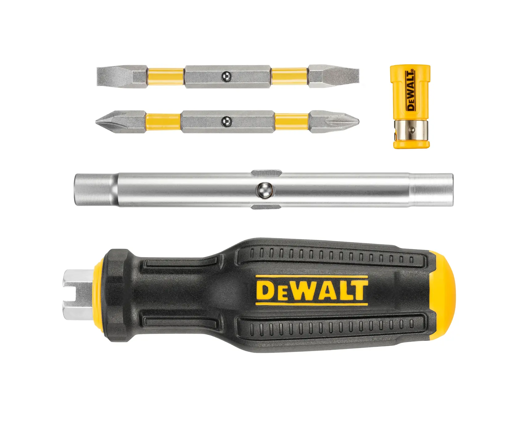 A DEWALT branded multi-bit screwdriver set with interchangeable bits, including a black and yellow handle, two double-ended metal bits, a silver extension shaft, and a small yellow adapter, displayed against a white background.
