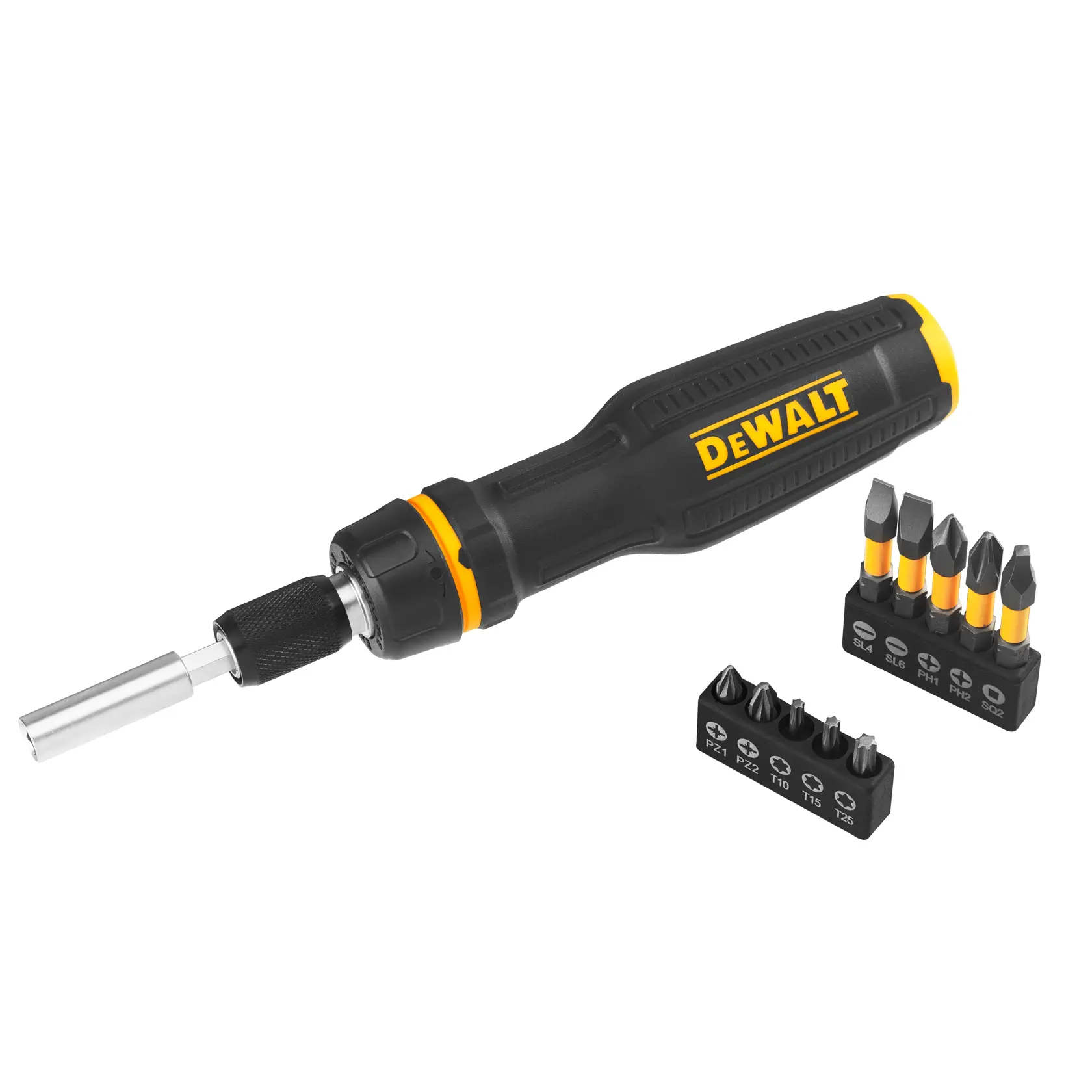 DEWALT screwdriver with bits, DWHT68001-0, DWHT68001, photography category, shown with two bit sets.