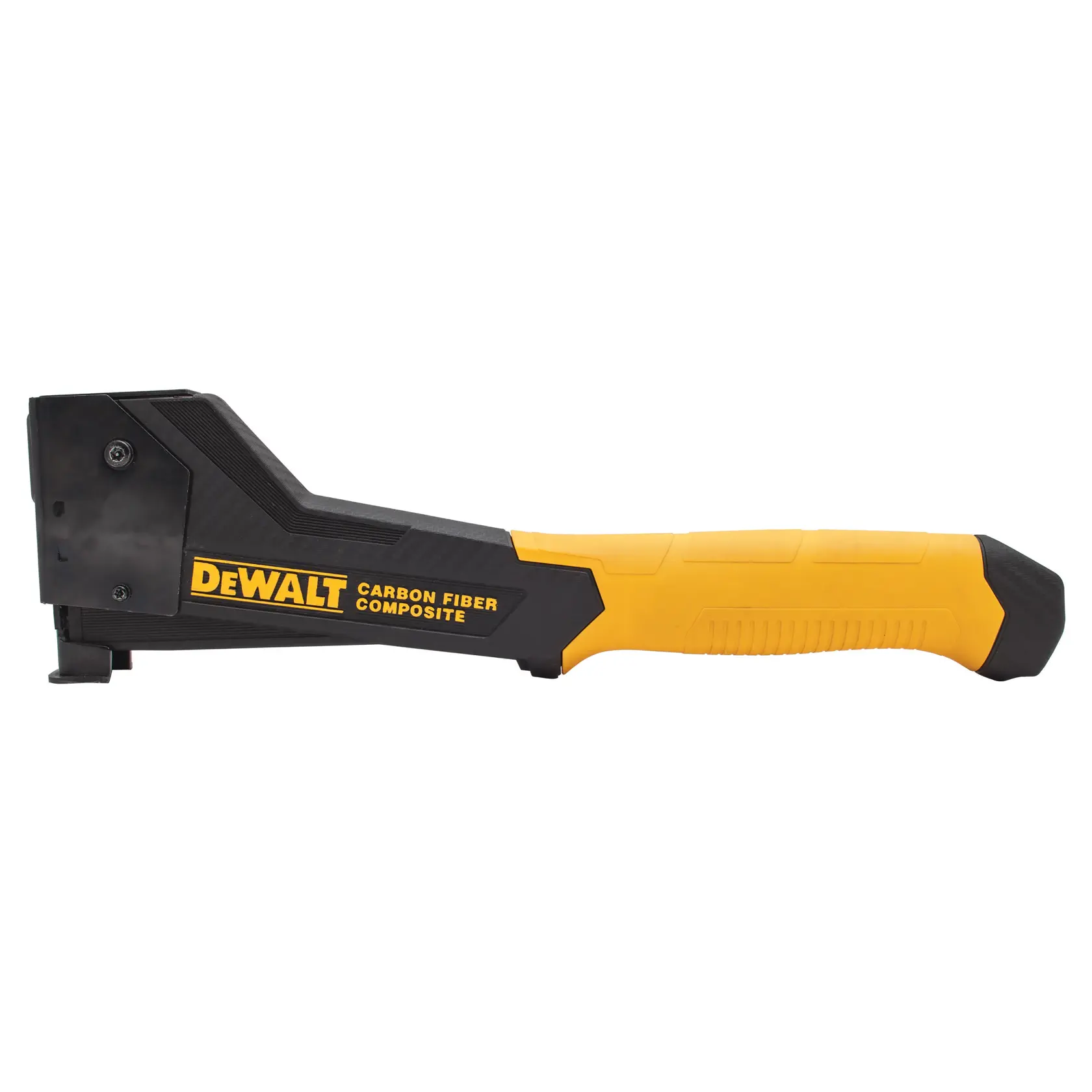 DEWALT carbon fiber composite hammer tacker with ergonomic yellow and black handle, shown on white background.