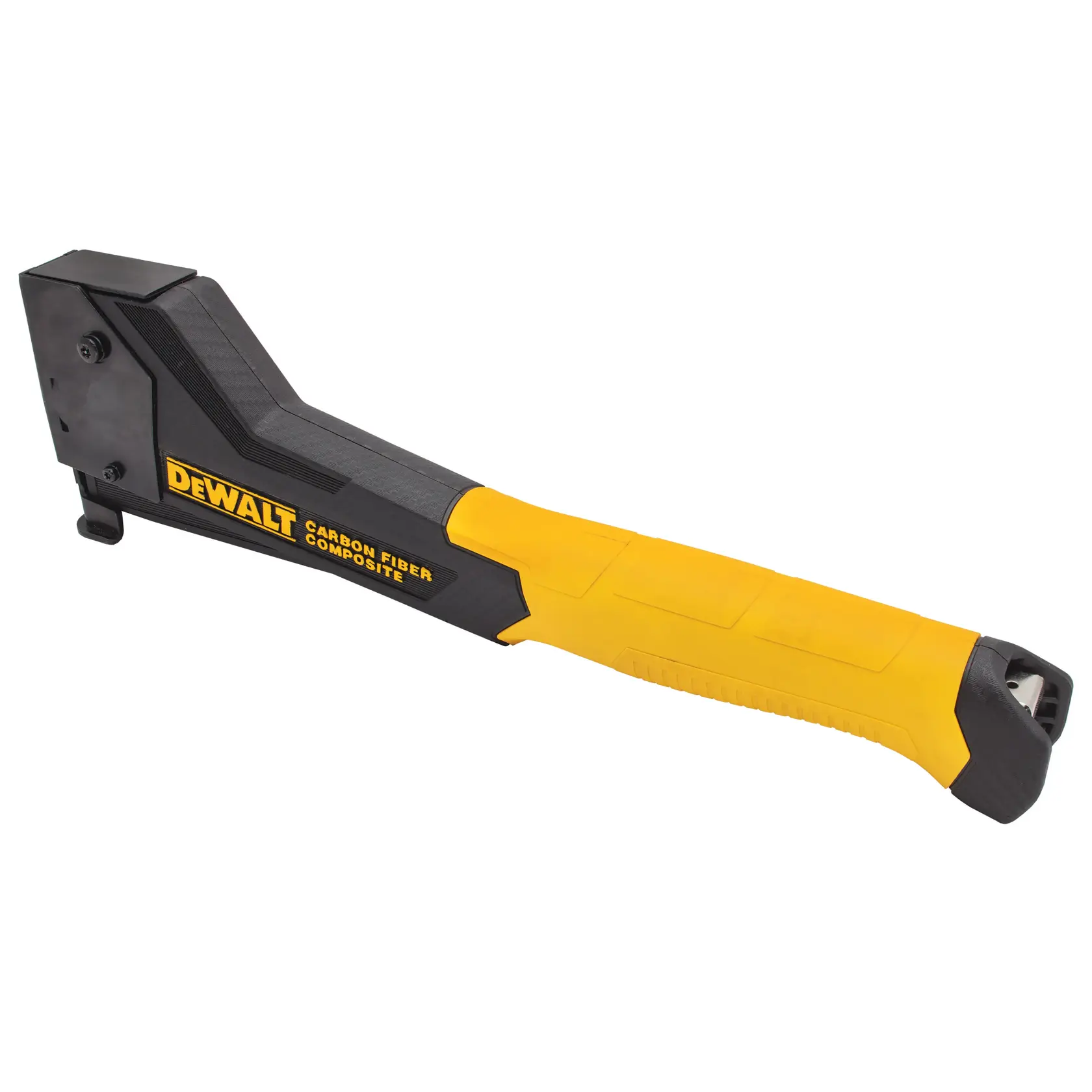 DEWALT carbon fiber composite hammer with yellow and black handle, angled head, isolated on white.