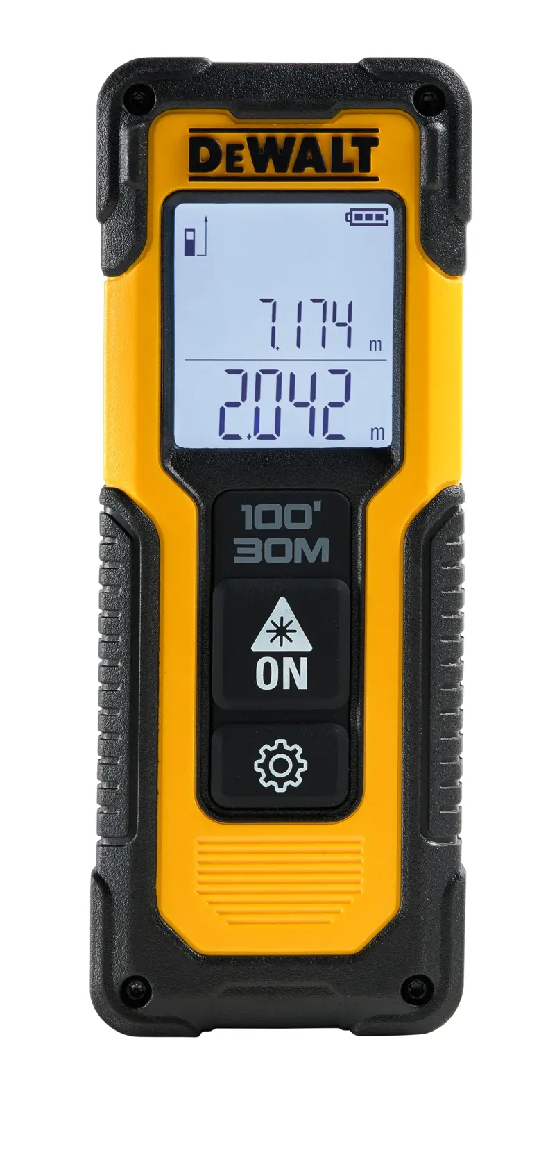 DEWALT laser distance measurer with digital screen and buttons, measuring up to 30 meters.