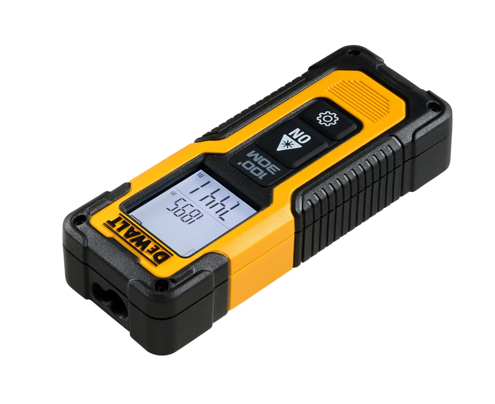 Yellow and black DEWALT laser distance measurer with digital display and two control buttons.