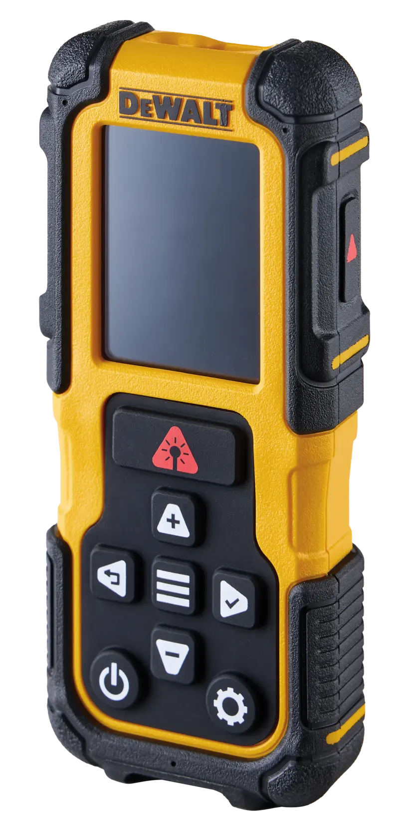 Distanziometro laser portatile DEWALT, schermo e tasti, design robusto giallo e nero.