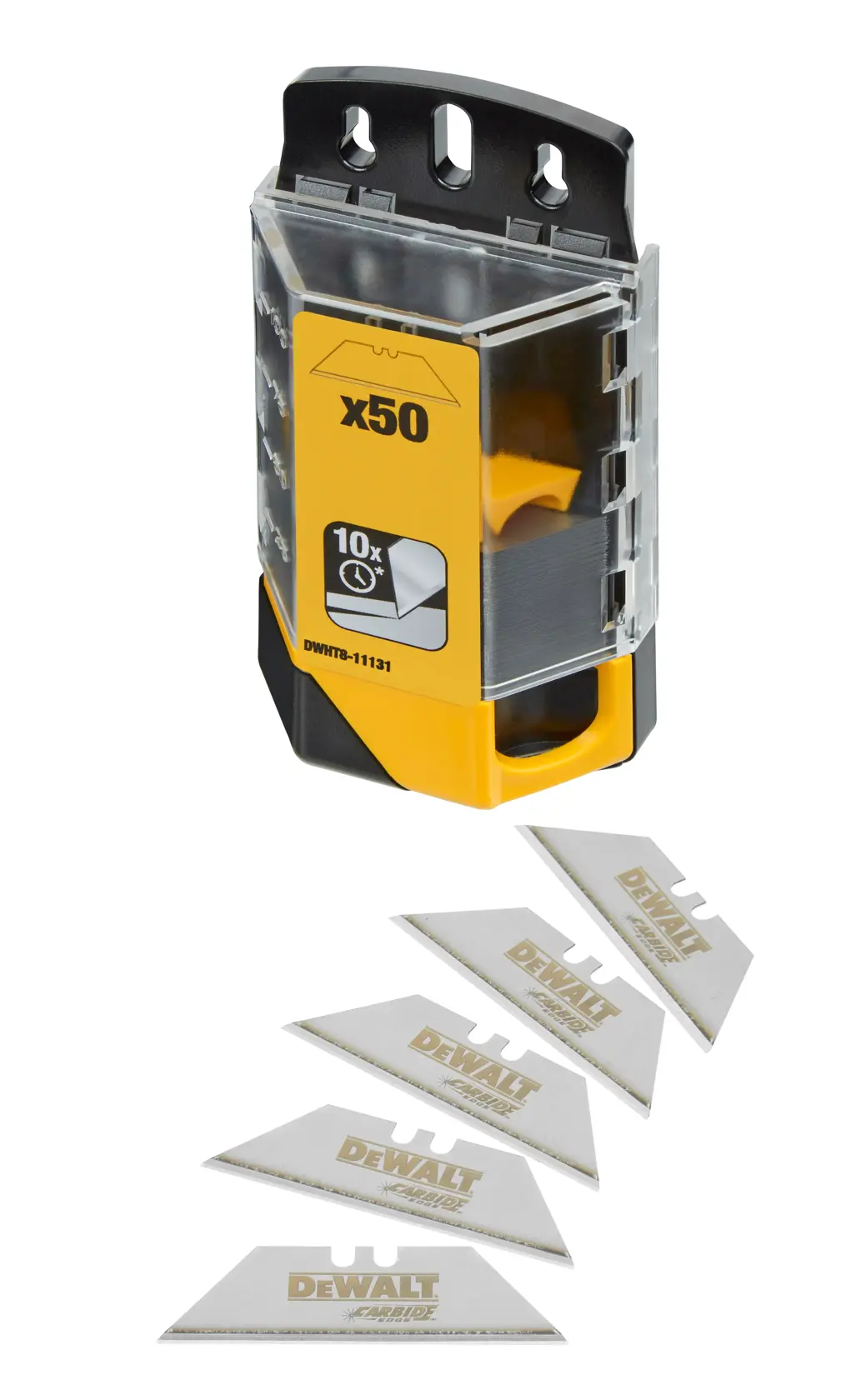 DEWALT DWHT8-11131 paquete de 50 cuchillas con dispensador amarillo y negro y cinco cuchillas delante.