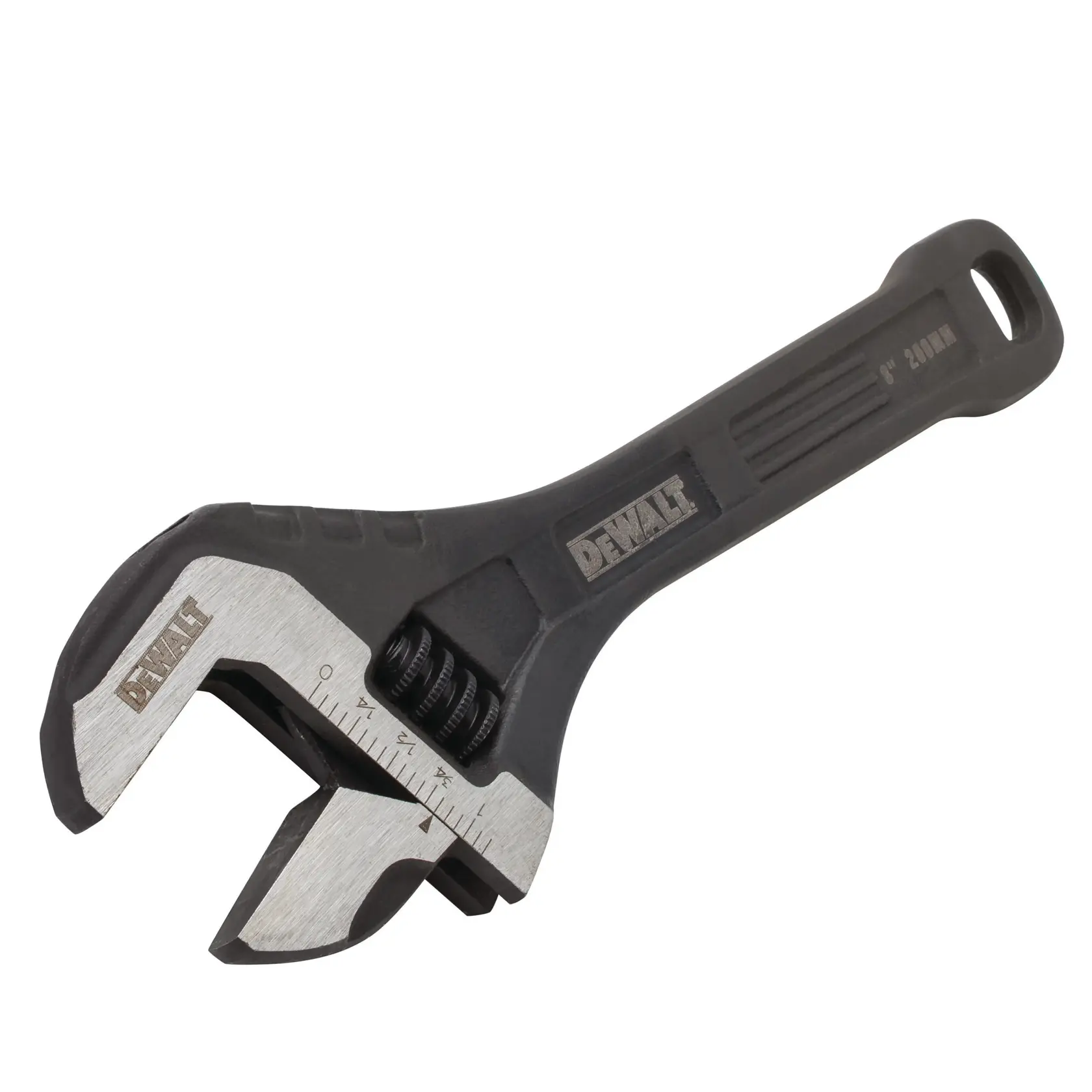 DEWALT adjustable wrench with black handle and metal jaw, suitable for various fastening tasks.