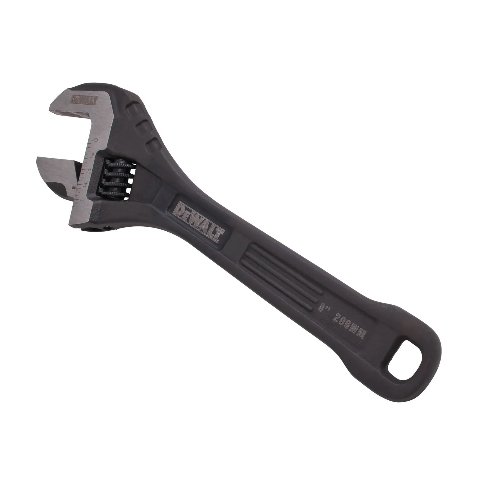 DEWALT adjustable wrench with black handle and silver jaws, shown against a white background.