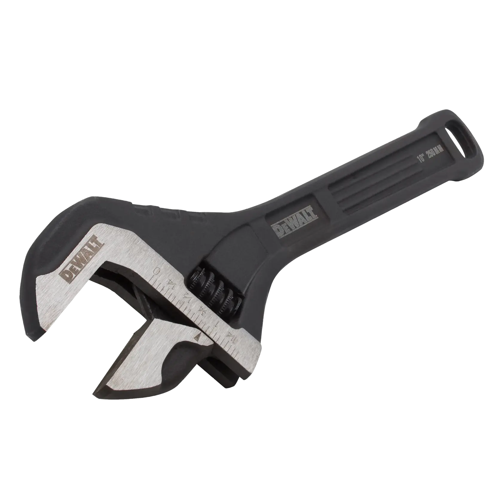 DEWALT adjustable wrench in black and silver, shown isolated on a white background.