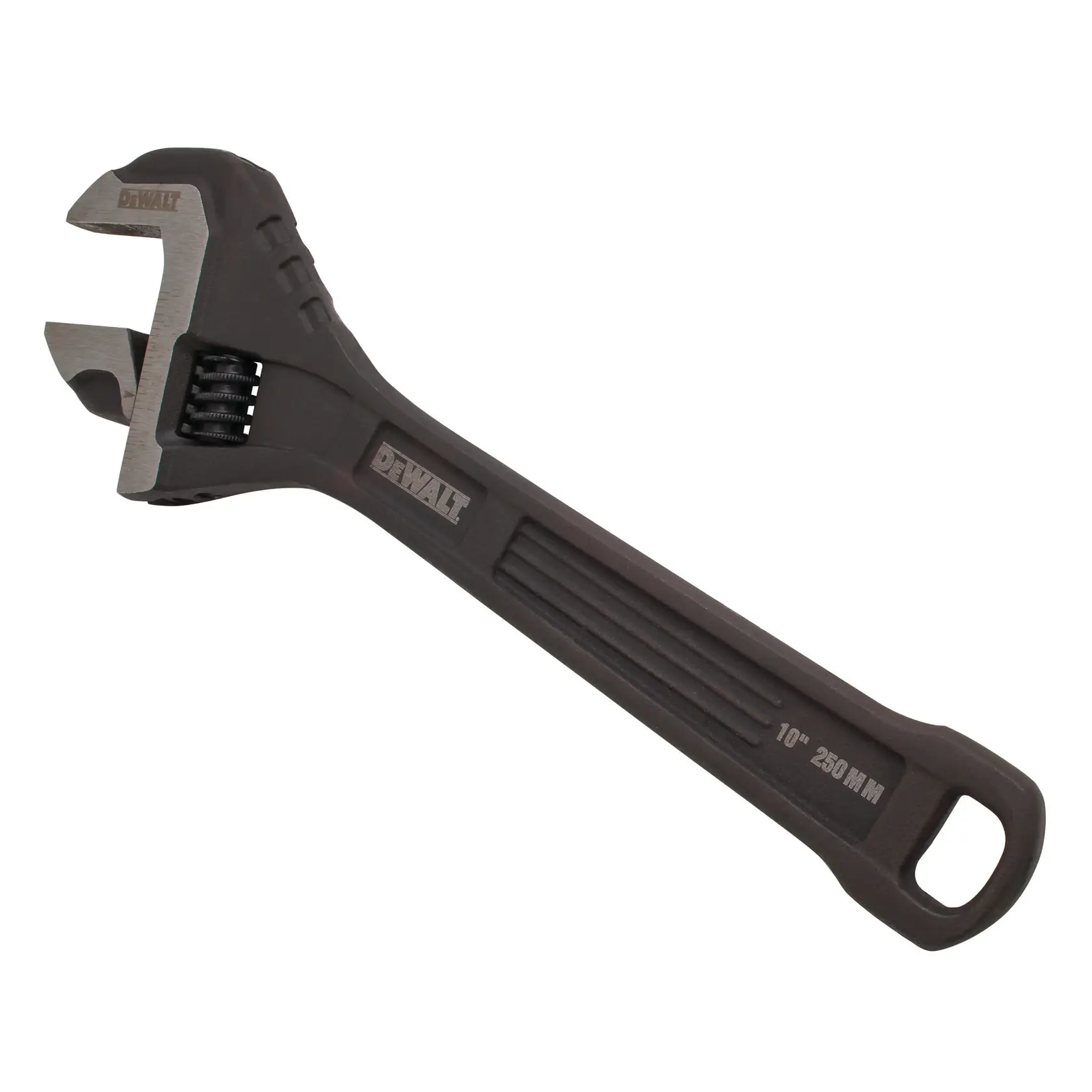 DEWALT adjustable wrench with a black handle and engraved measurements, shown against a white background.