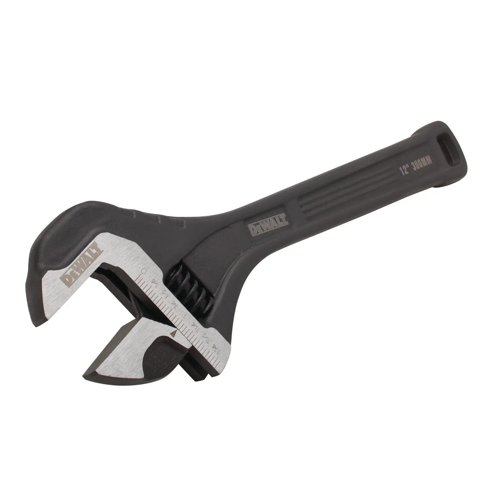 DEWALT adjustable wrench with black handle and metric scale, 12 inch size, tool for loosening or tightening bolts.