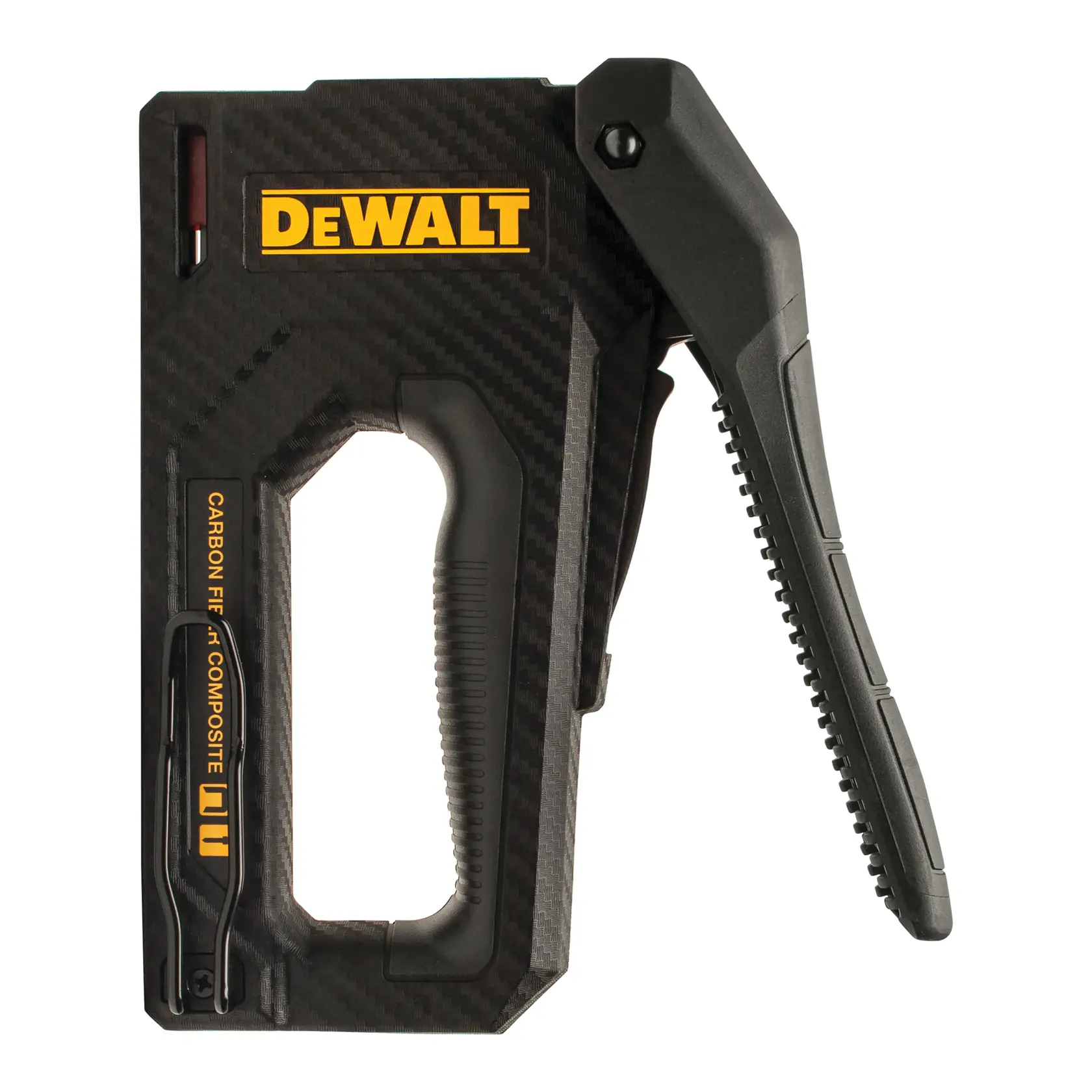 DEWALT carbon fiber composite hand stapler with ergonomic handle and black finish, shown from the side.