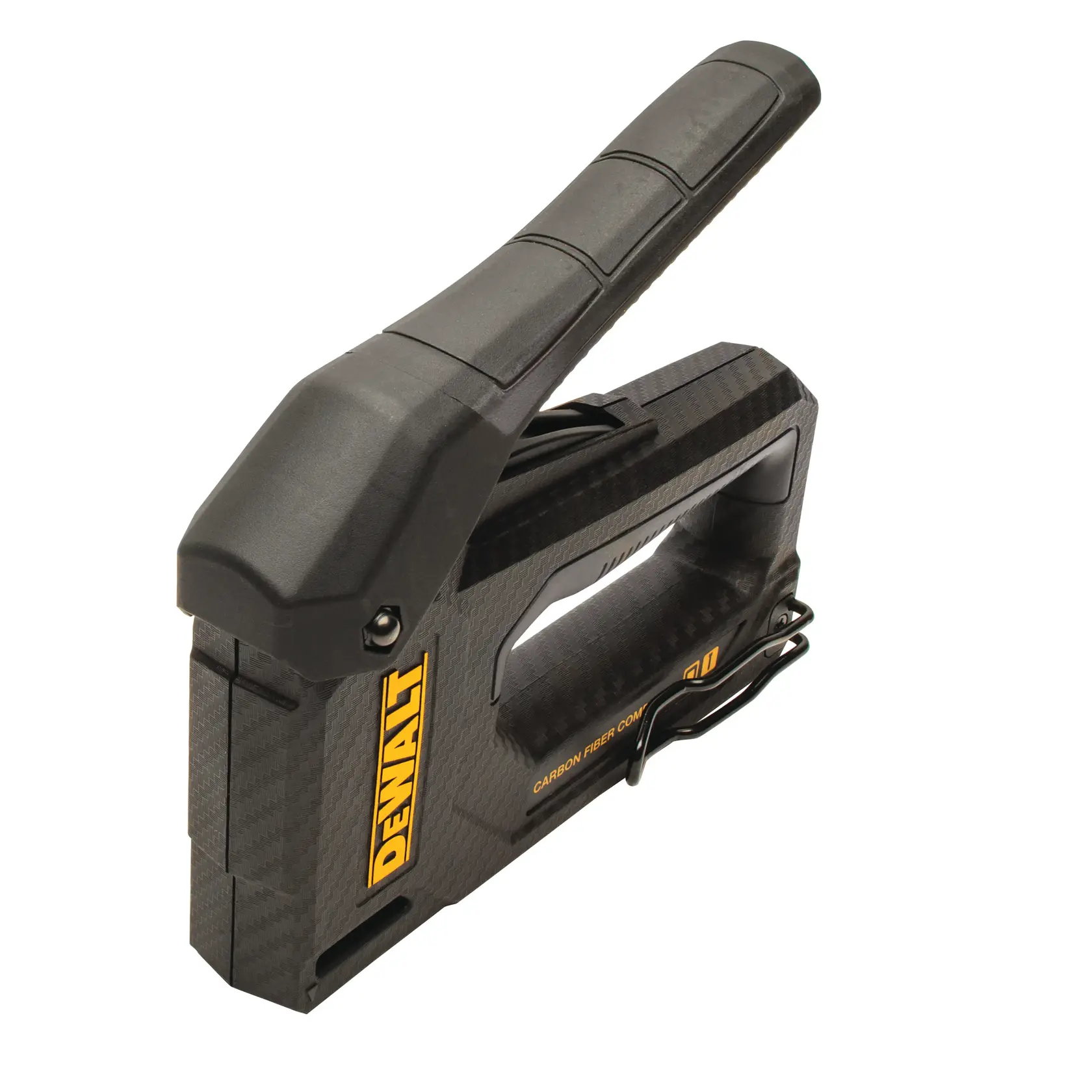 DEWALT carbon fiber hand stapler with ergonomic black handle, shown at an angle on a white background.