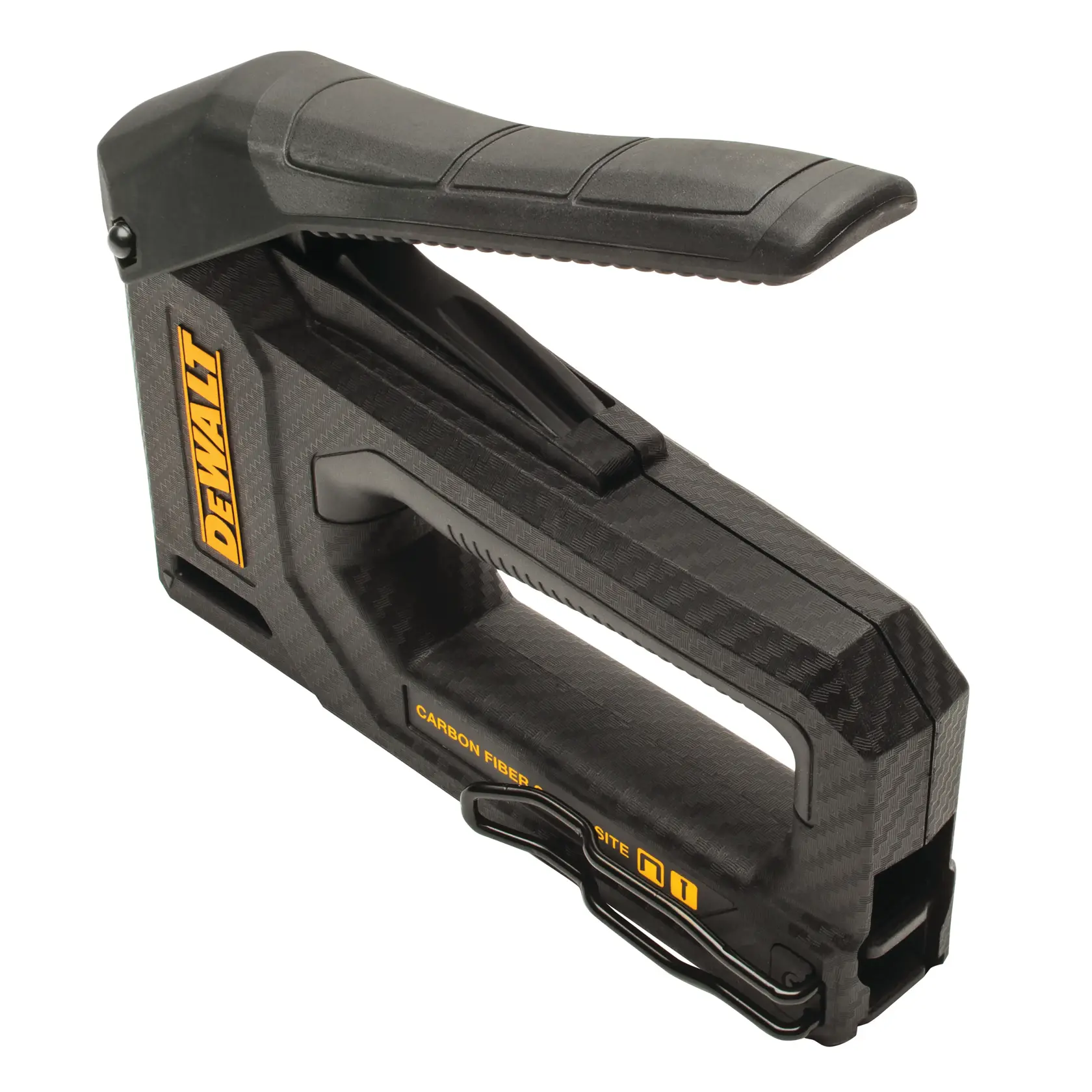 DEWALT carbon fiber hand stapler with ergonomic handle. Black and yellow design, sturdy for site use.