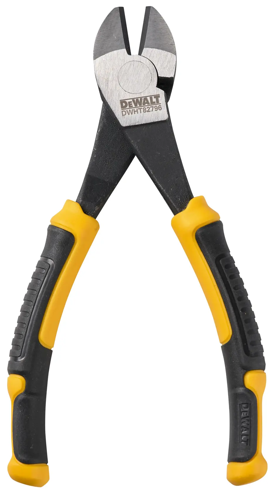 A pair of DEWALT diagonal cutting pliers with black and yellow ergonomic handles.
