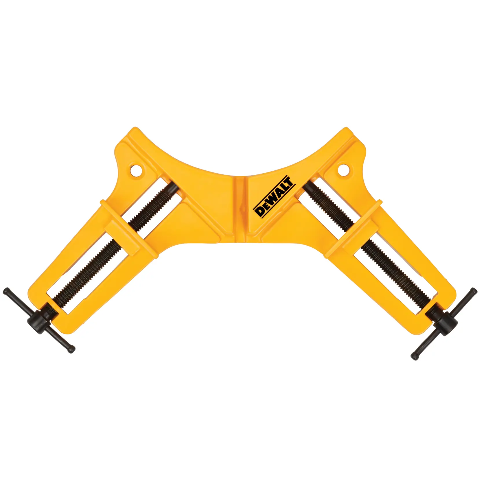Yellow DEWALT corner clamp tool with two screws for woodworking or assembly projects, isolated on white.