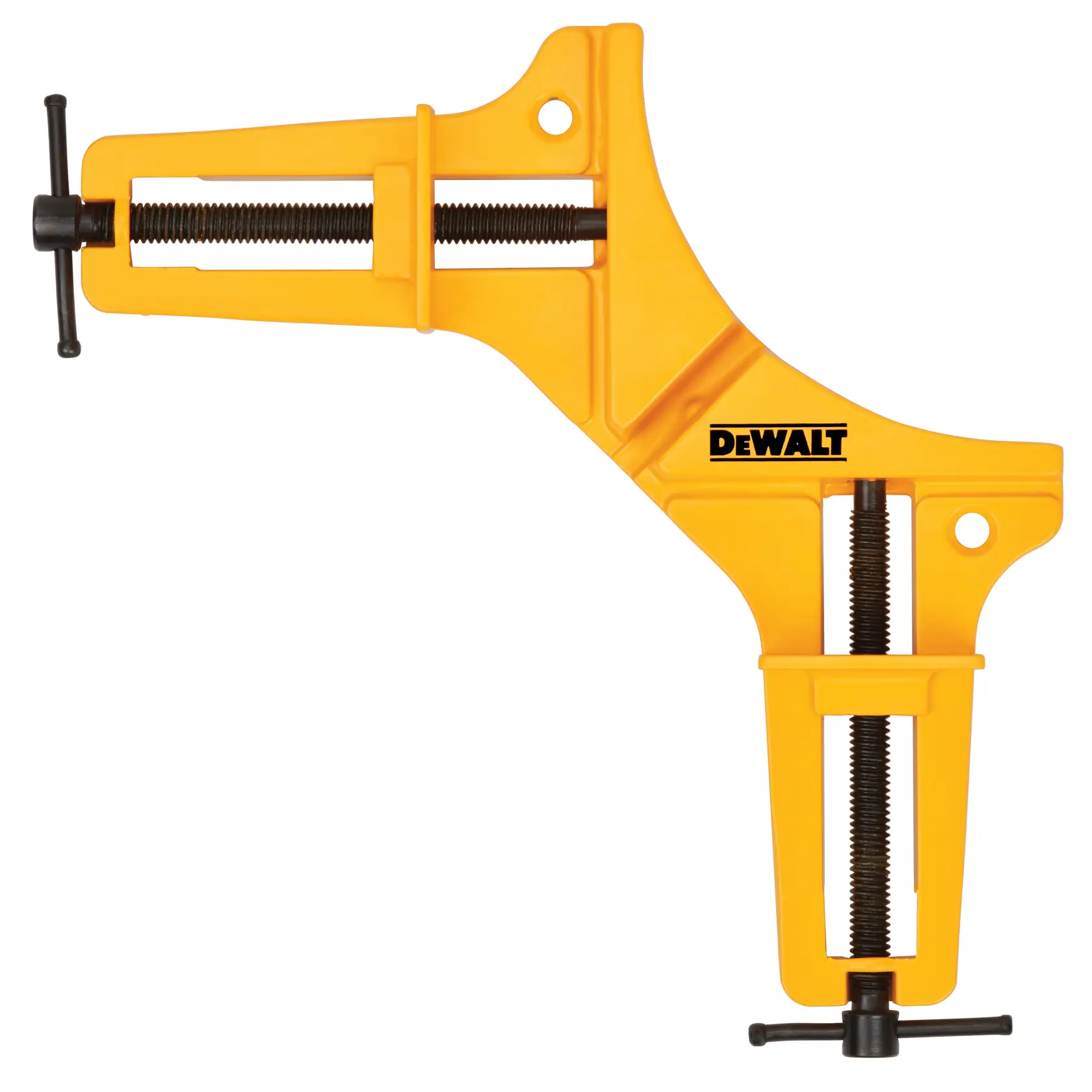 DEWALT yellow corner clamp with metal screws, used for woodworking and securing frames firmly.