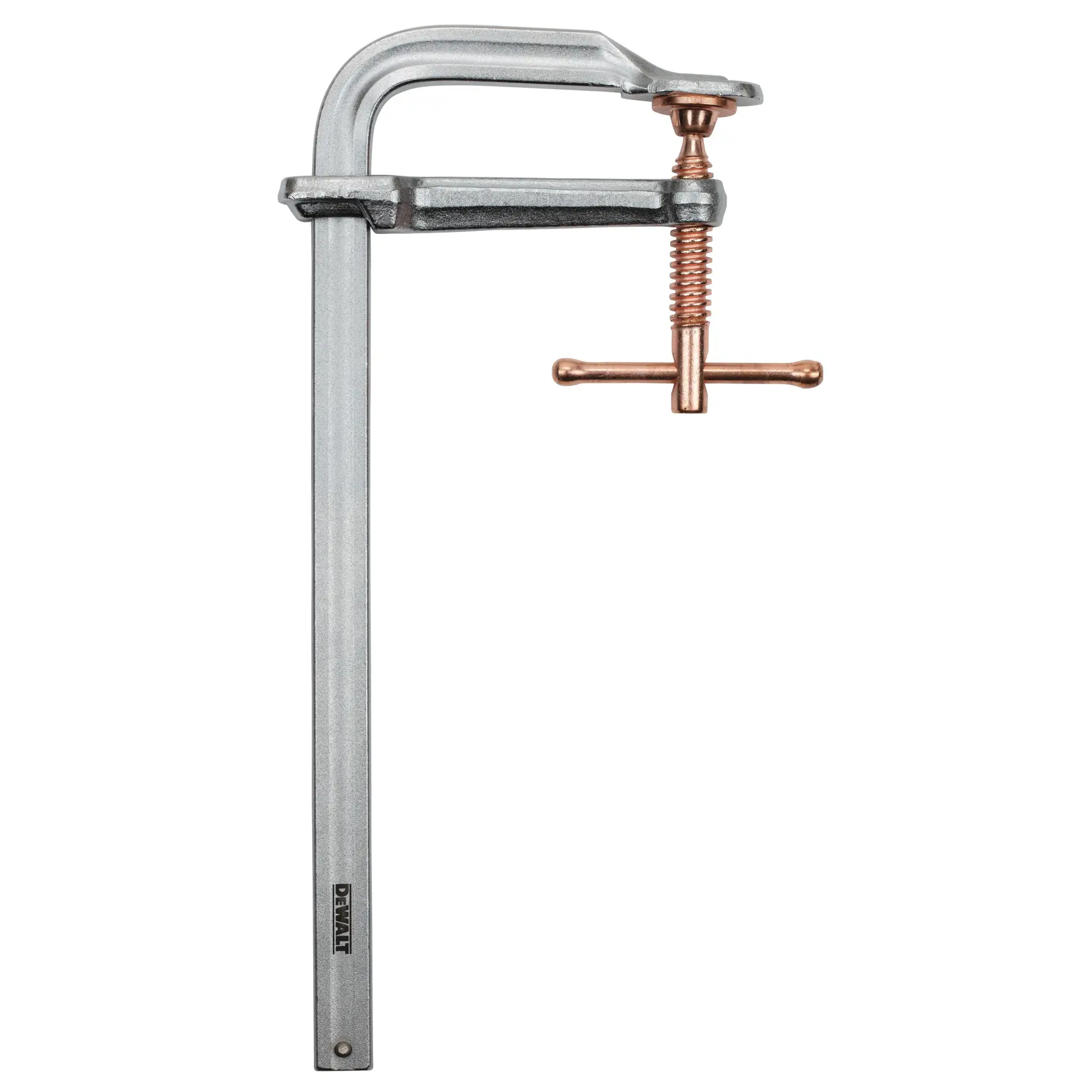 A metal F-clamp with a silver body and bronze screw handle, used for securing materials in woodworking or metalworking.