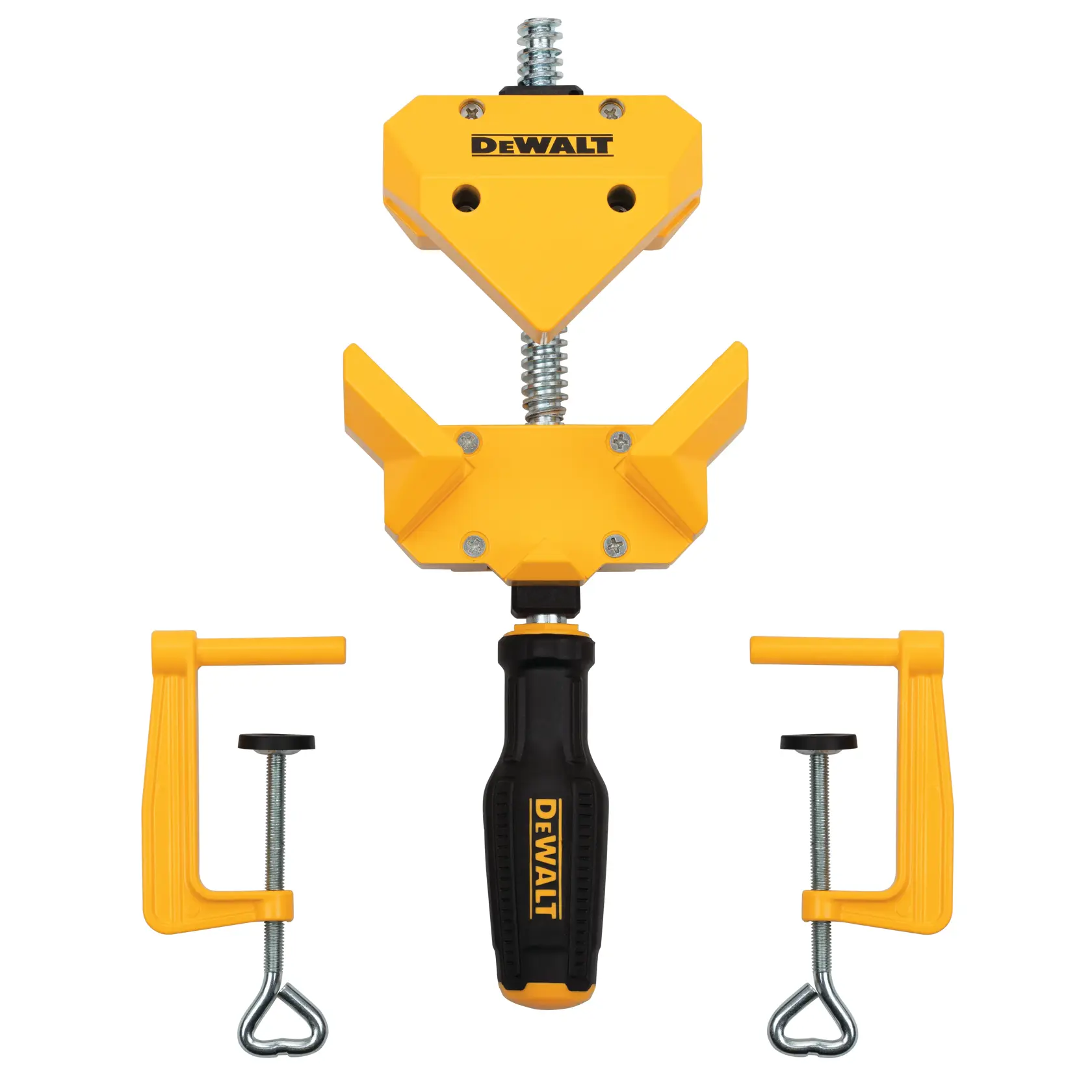 DEWALT yellow and black corner clamp with two adjustable brackets for woodworking tasks.