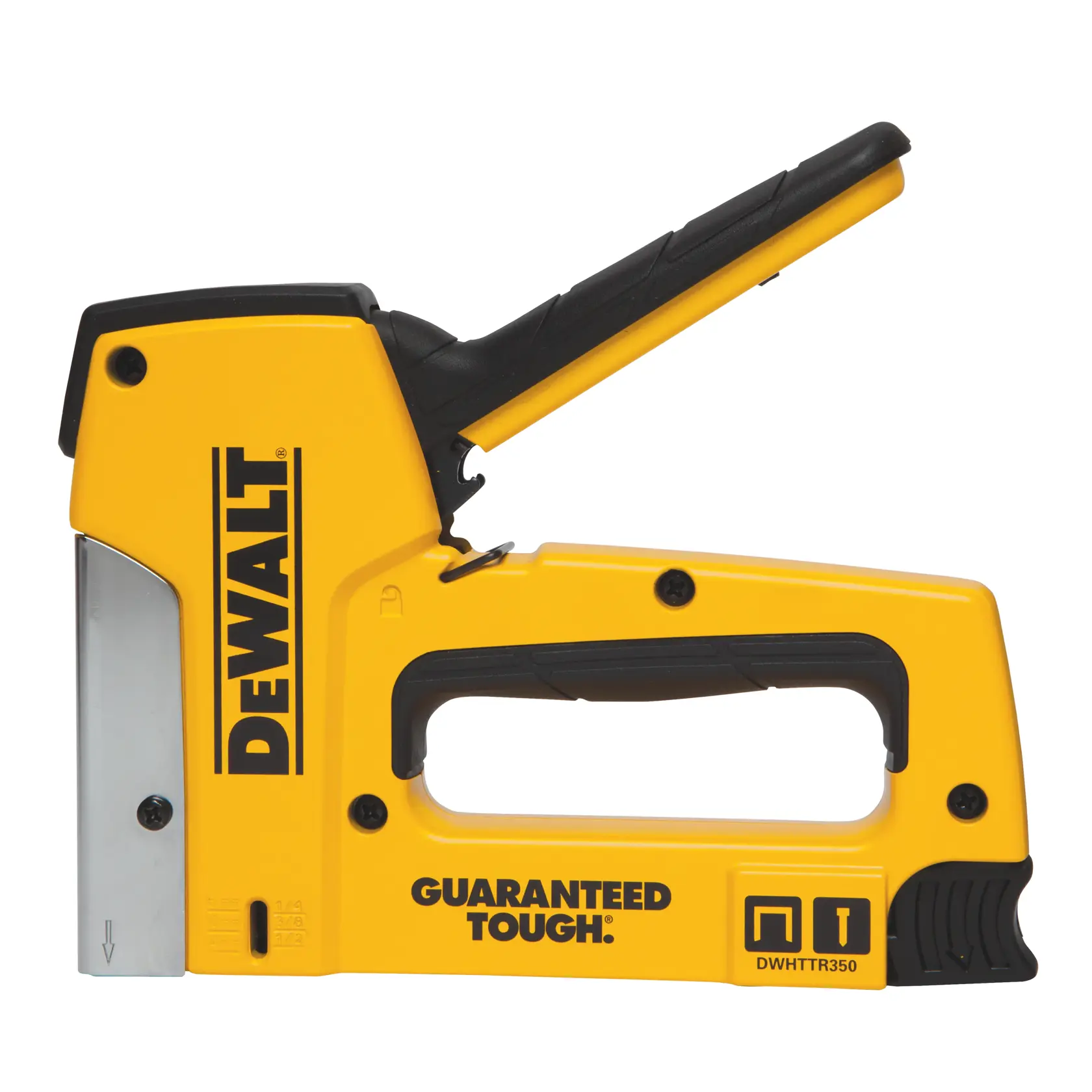 Yellow DEWALT heavy-duty staple gun DWHTTR350 with black handle and branding visible on the side.