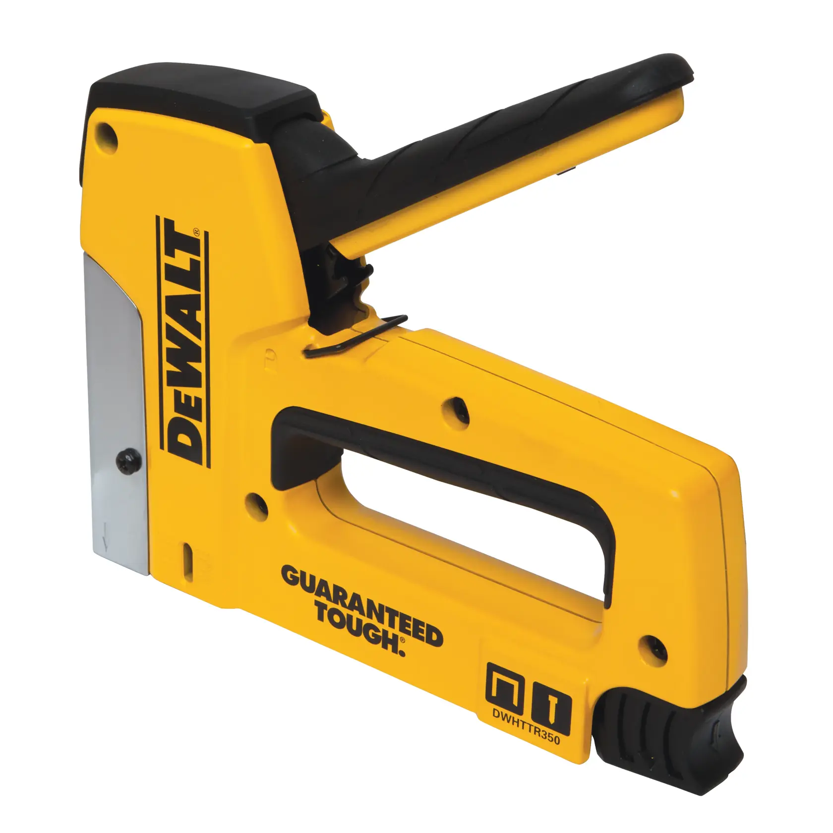Yellow DEWALT heavy-duty stapler, DWHTTR350 model, with ergonomic black handle and firm construction.