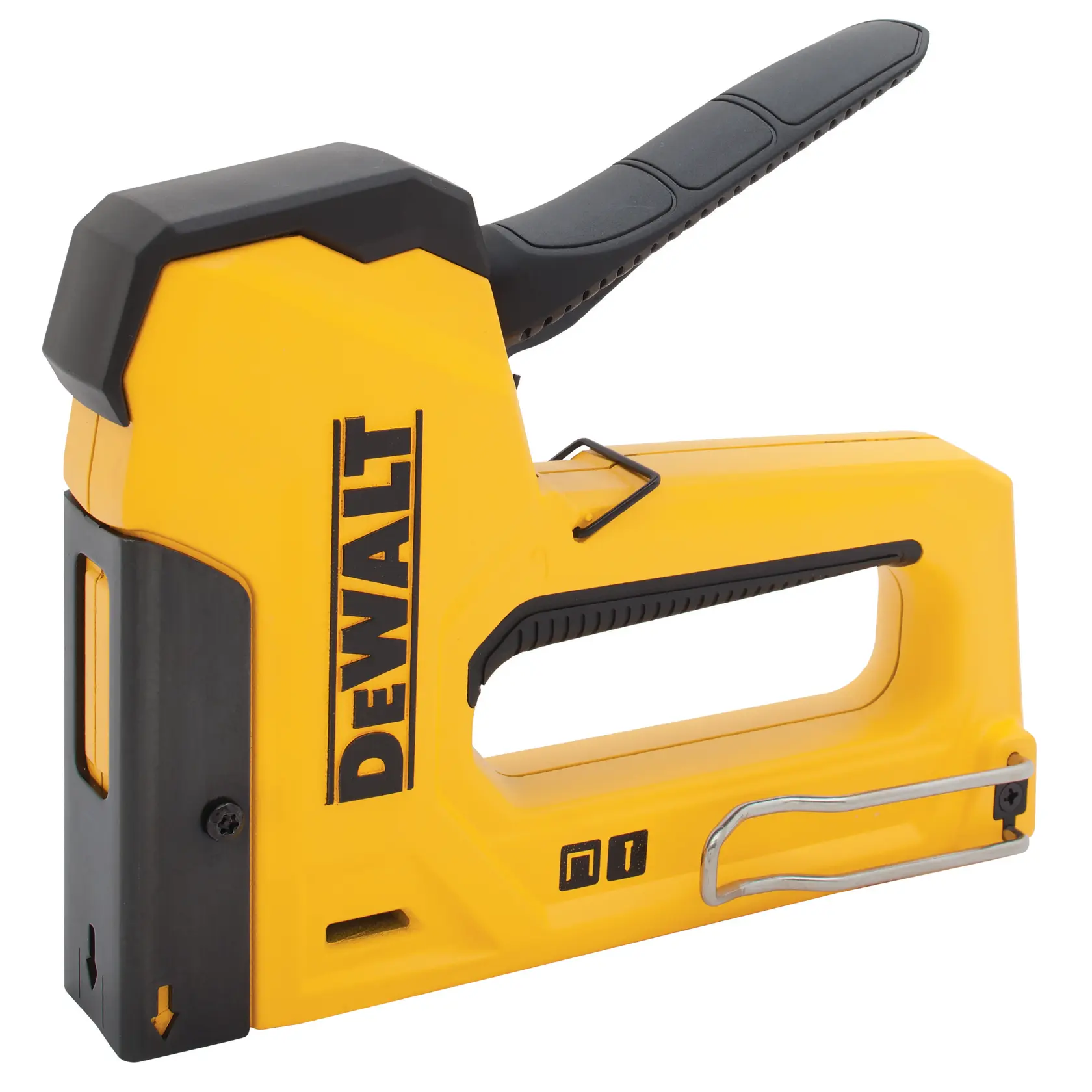 Yellow DEWALT hand staple gun with ergonomic handle and metal clip, designed for heavy-duty fastening tasks.