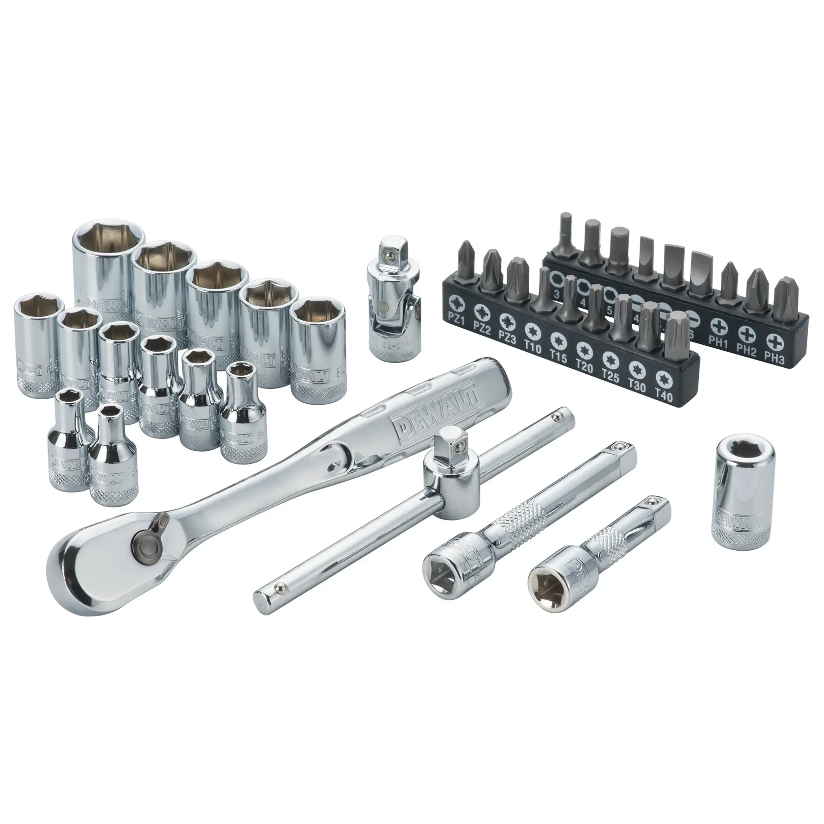 DEWALT ratchet set with sockets, bits, extensions and accessories arranged on white background.