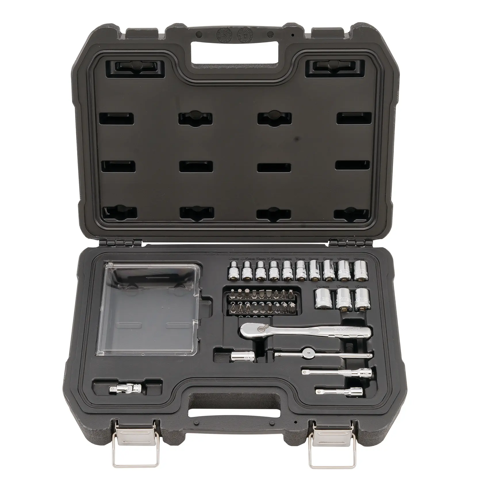 Black DEWALT tool case open with sockets, ratchet, bits, and extensions organized inside.