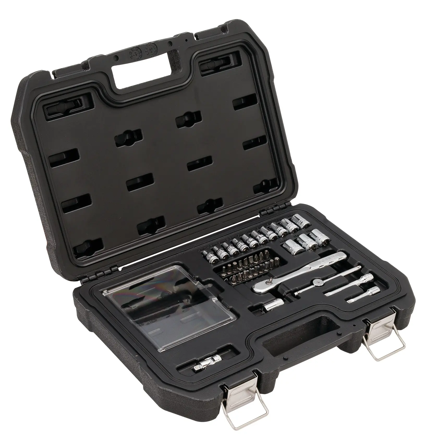DEWALT tool set in a black hard case, including sockets, bits, and ratchet, organized in foam compartments.