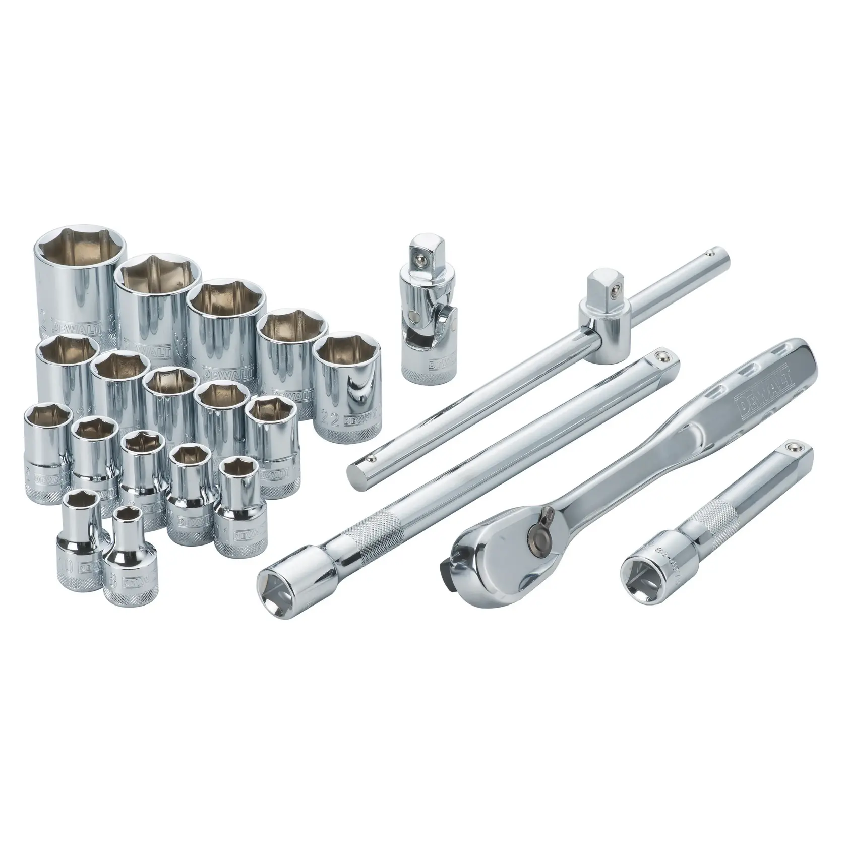 DEWALT chrome socket wrench set with various sizes and extensions on a white background.