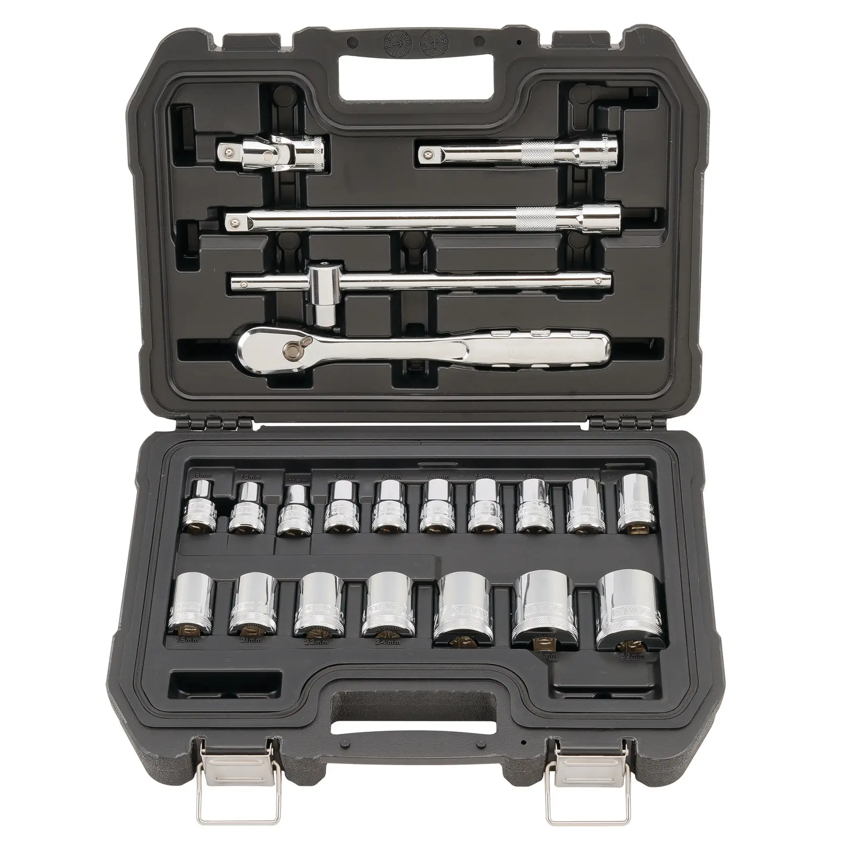 DEWALT socket and ratchet set in a black case, featuring chrome sockets and accessories neatly arranged.